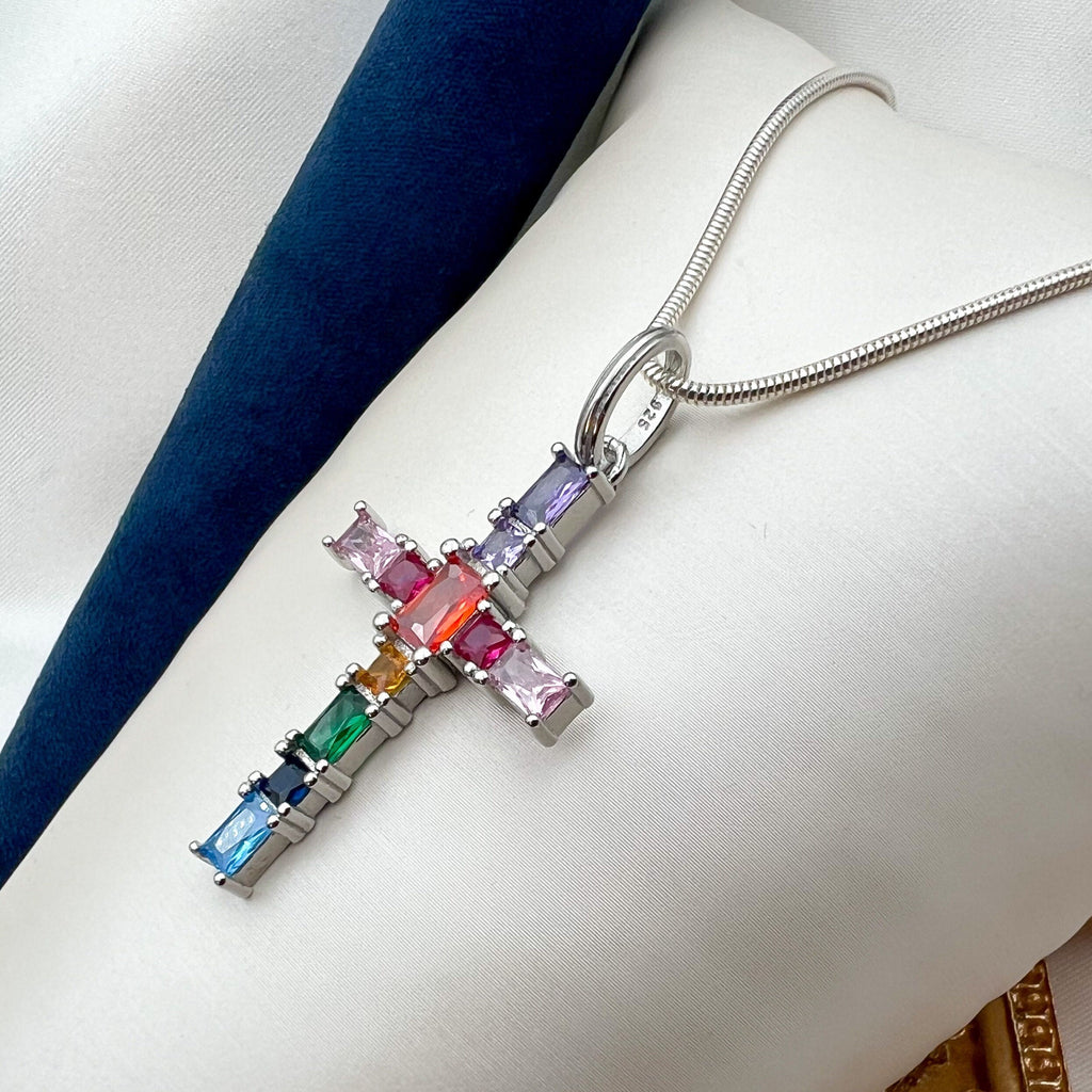 Radiant Cross Pendant with Colorful Gemstones in Sterling Silver