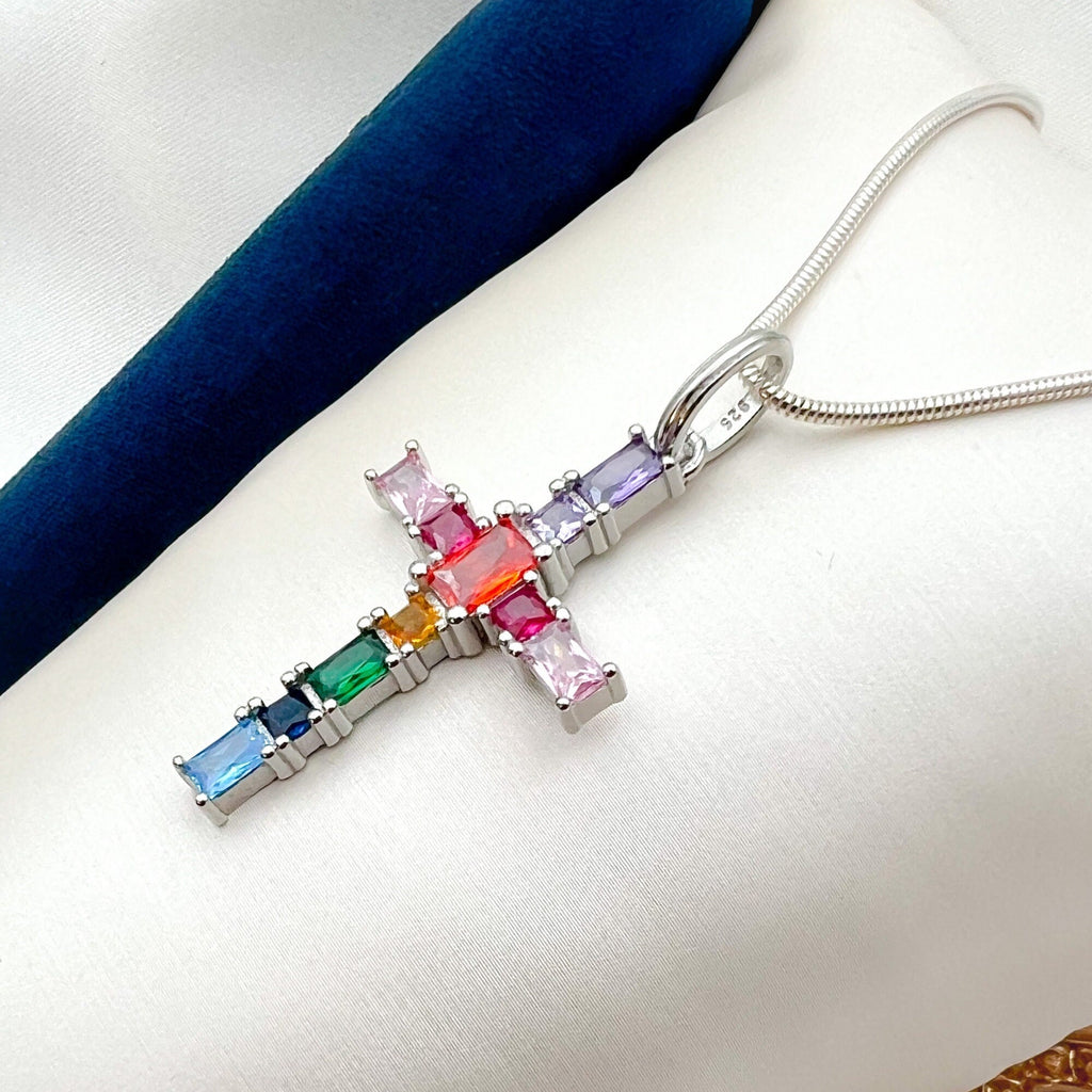 Radiant Cross Pendant with Colorful Gemstones in Sterling Silver