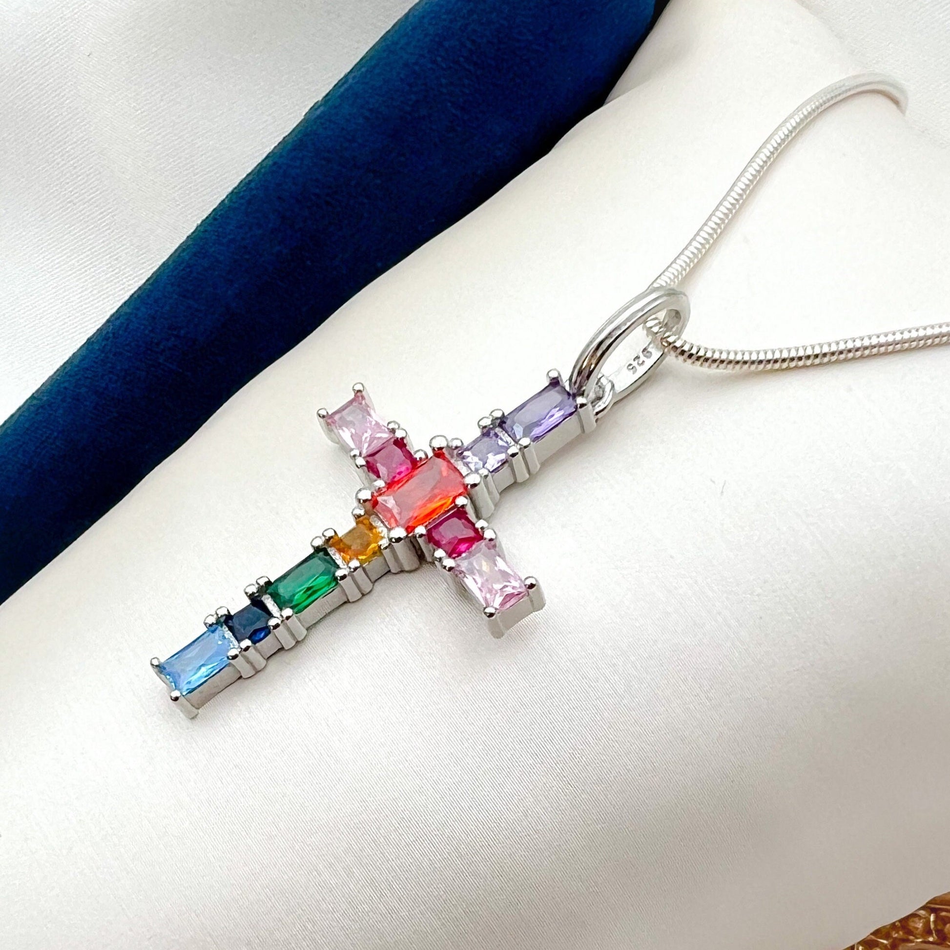 Radiant Cross Pendant with Colorful Gemstones in Sterling Silver