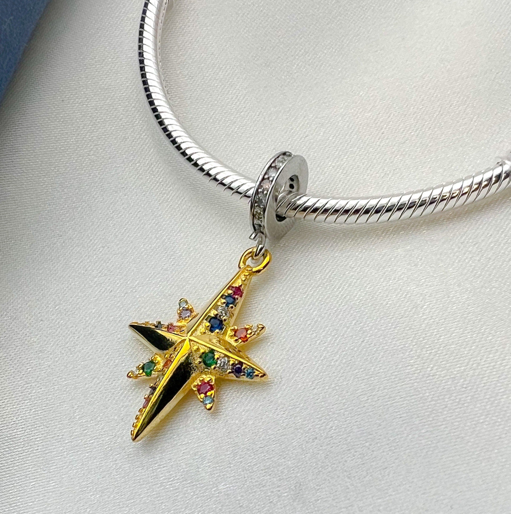 Shimmering Starlight Charm in 925 Silver and Gold-Plated with Colorful Stones for Pandora Bracelets