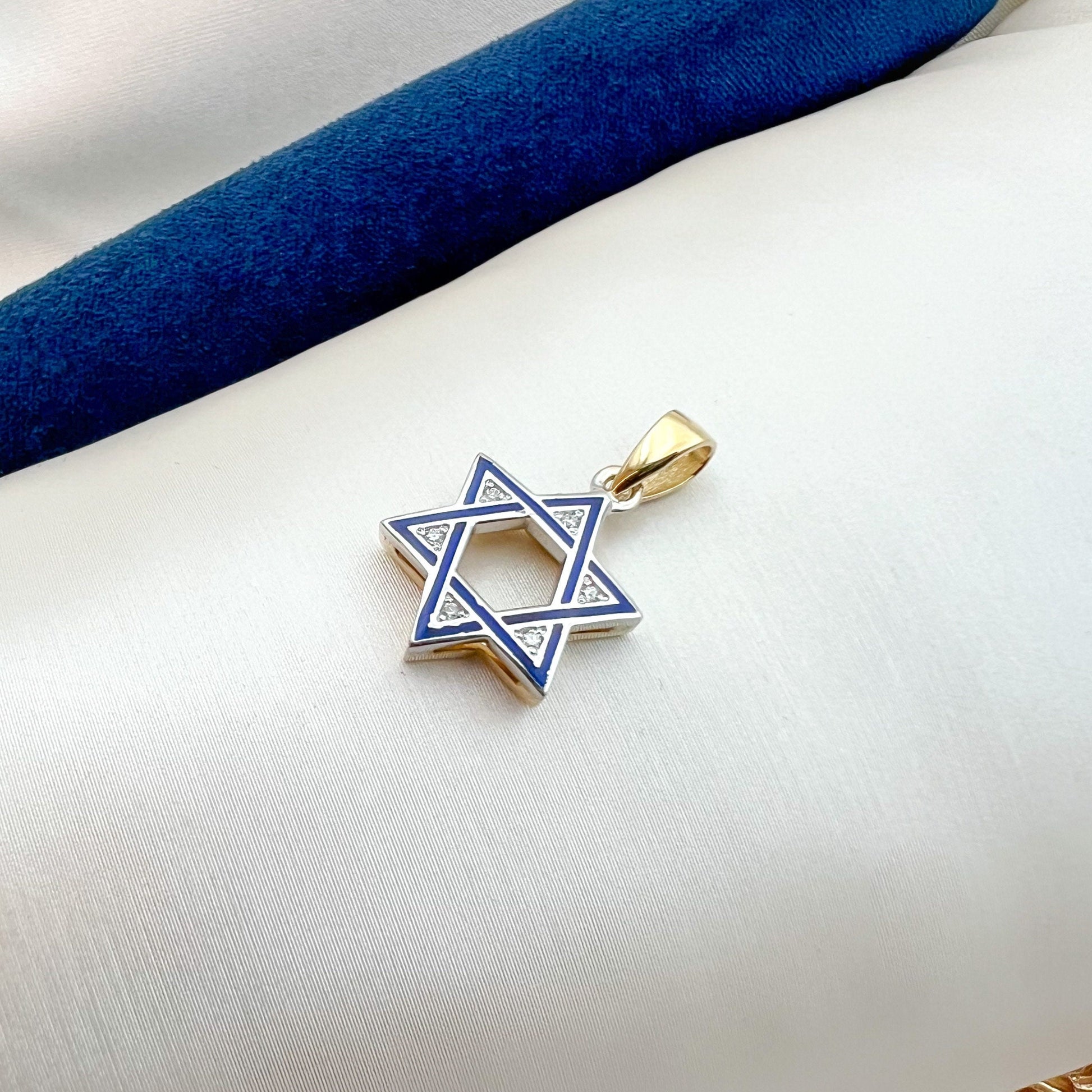 Luxurious 14k Gold David Star Pendant with Diamonds and Blue Enamel Lining