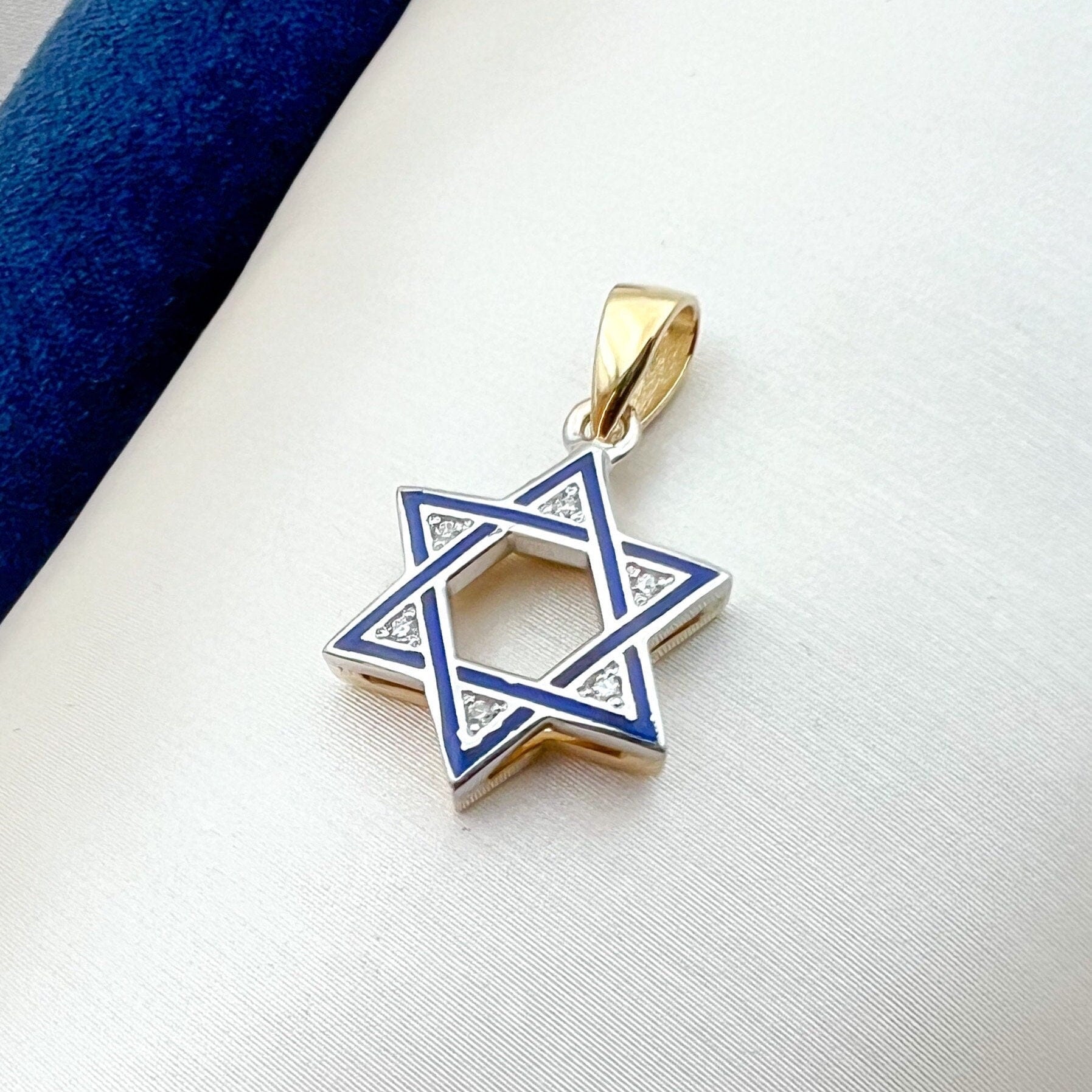 Luxurious 14k Gold David Star Pendant with Diamonds and Blue Enamel Lining