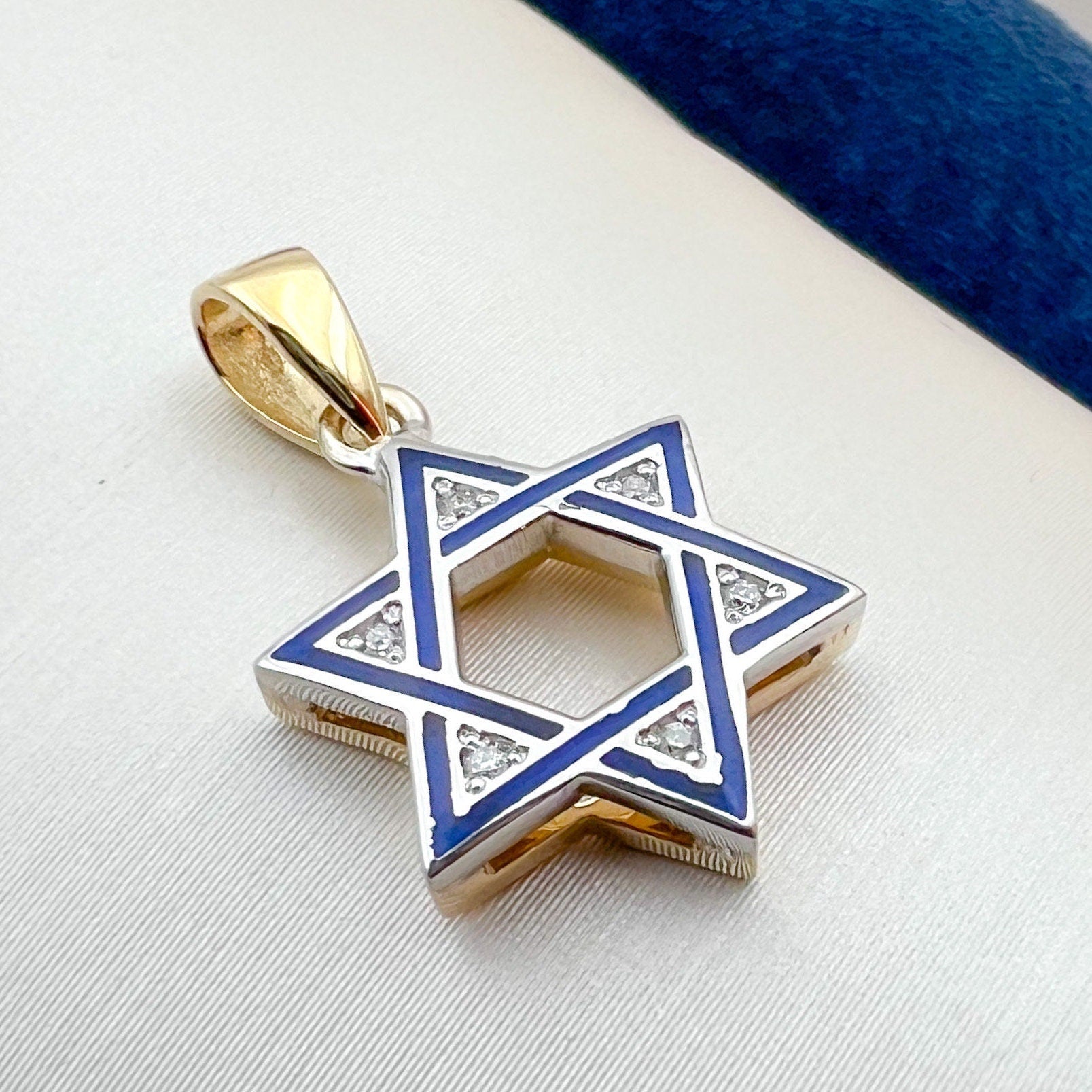 Luxurious 14k Gold David Star Pendant with Diamonds and Blue Enamel Lining