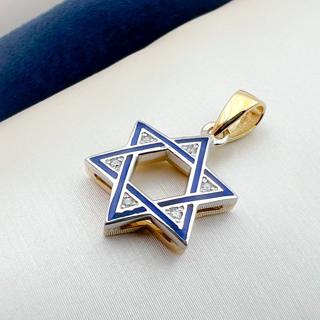Luxurious 14k Gold David Star Pendant with Diamonds and Blue Enamel Lining