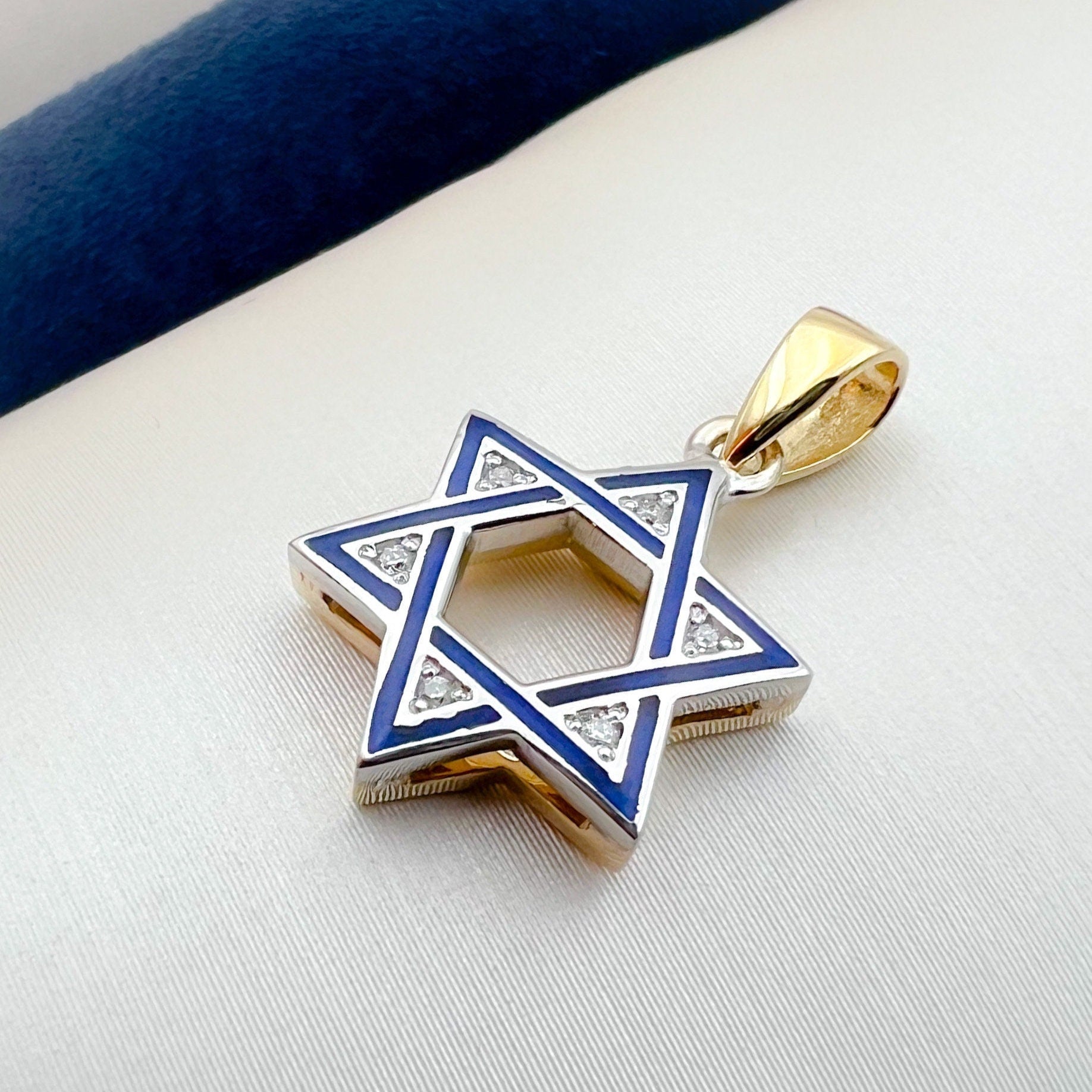 Luxurious 14k Gold David Star Pendant with Diamonds and Blue Enamel Lining