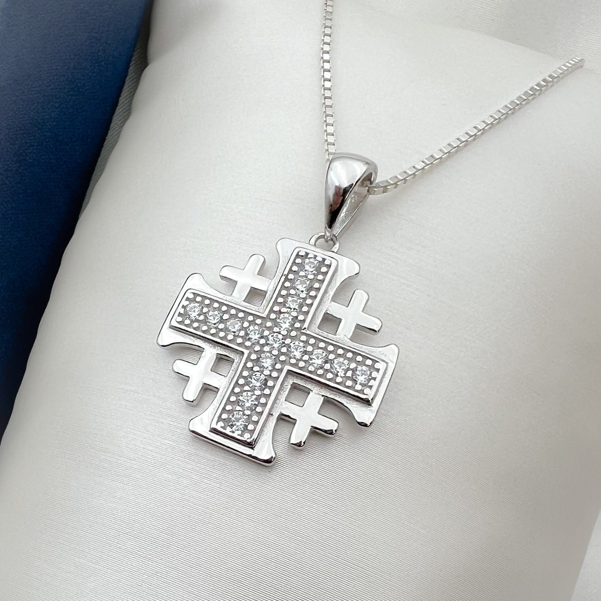 Elegant Jerusalem Cross Necklace in 925 Silver – Adorned with White Zircons