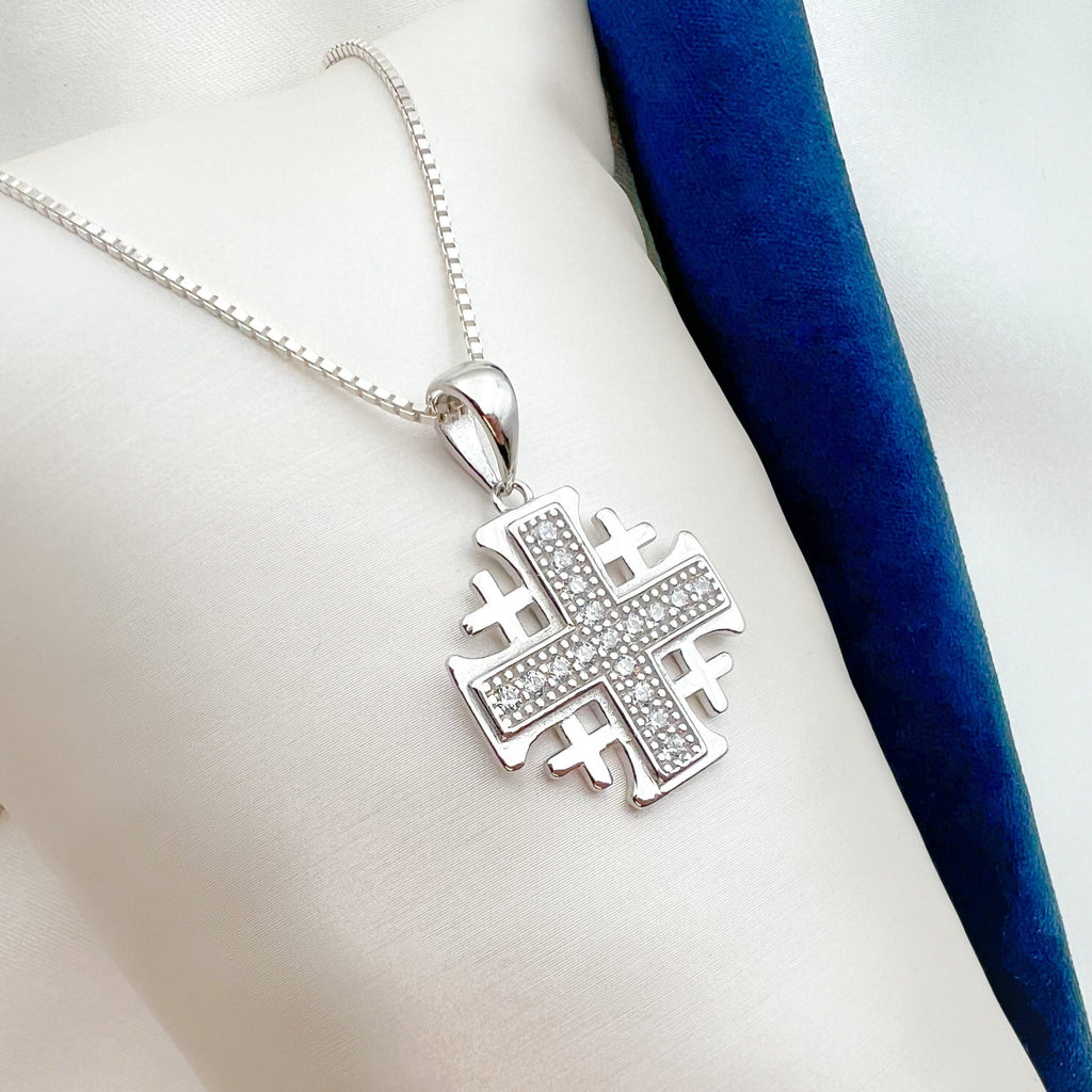 Elegant Jerusalem Cross Necklace in 925 Silver – Adorned with White Zircons