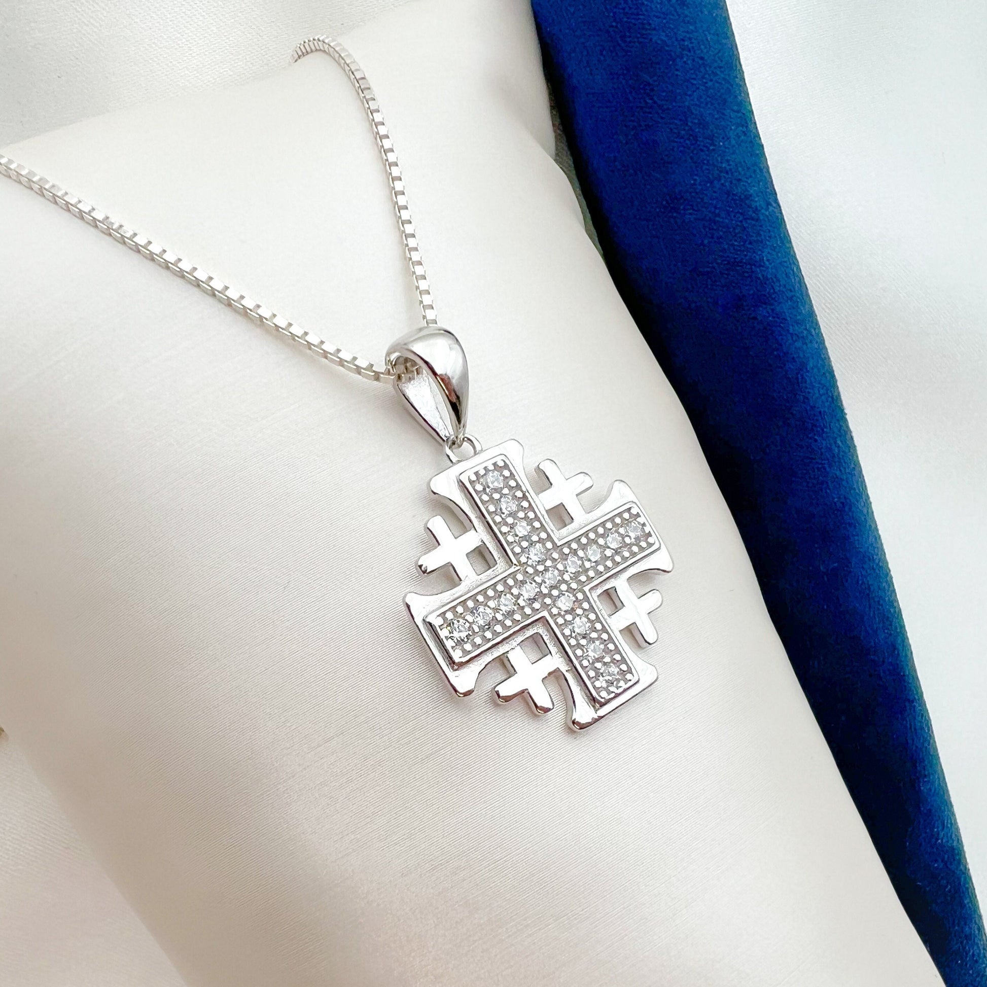 Elegant Jerusalem Cross Necklace in 925 Silver – Adorned with White Zircons