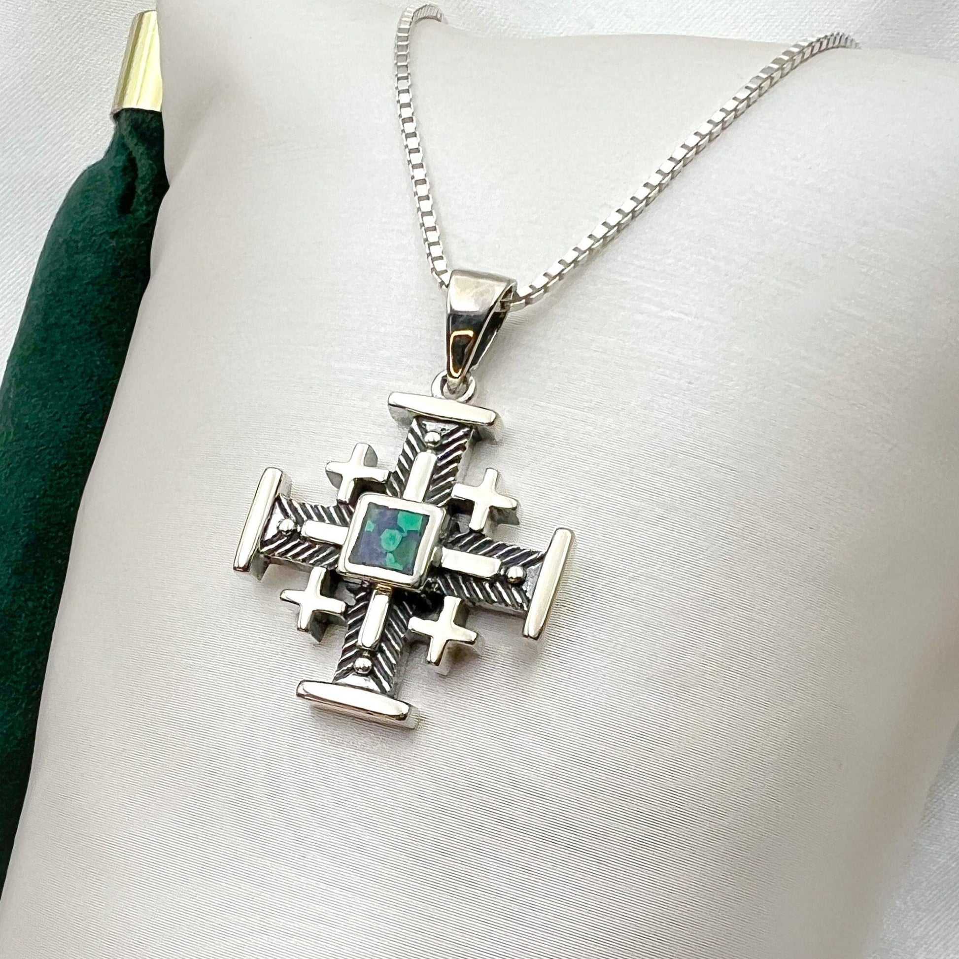Bold King Solomon Eilat Stone Jerusalem Cross Pendant with Matching Chain