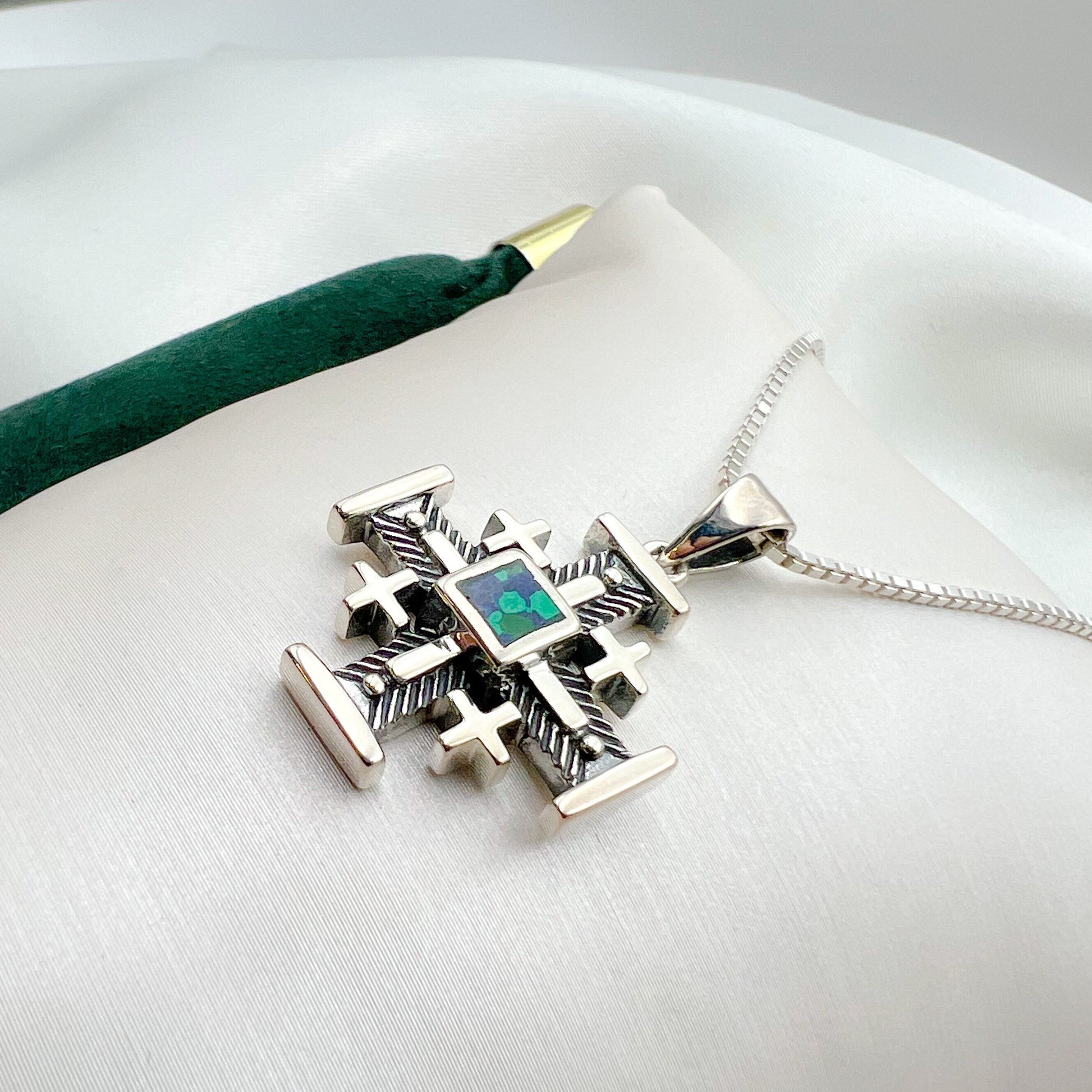 Bold King Solomon Eilat Stone Jerusalem Cross Pendant with Matching Chain