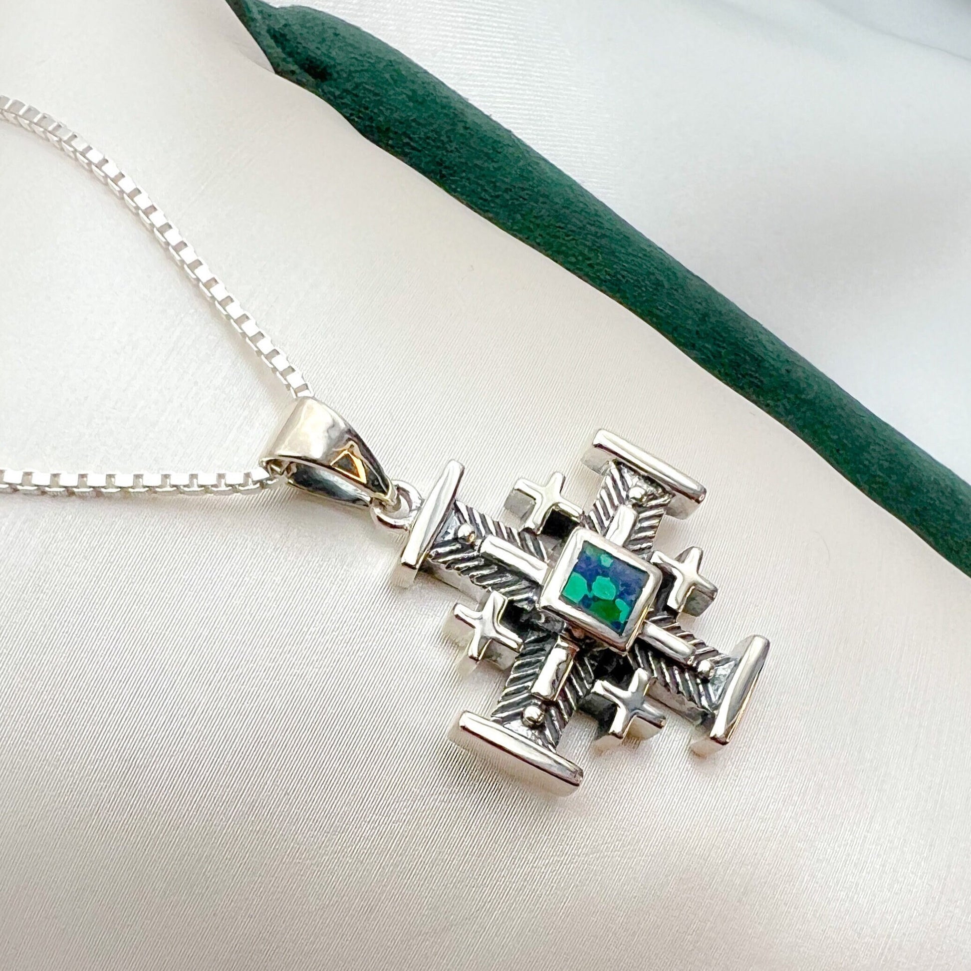 Bold King Solomon Eilat Stone Jerusalem Cross Pendant with Matching Chain