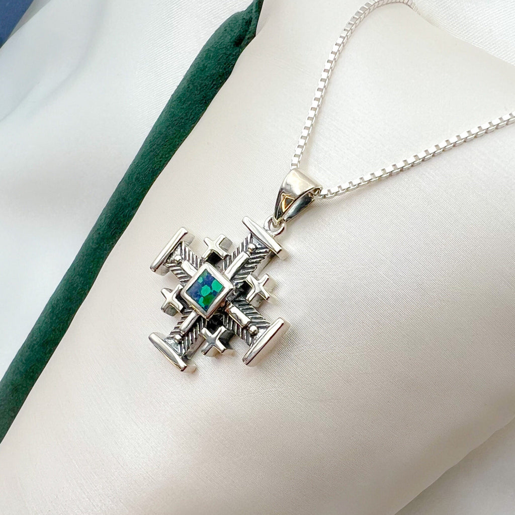 Bold King Solomon Eilat Stone Jerusalem Cross Pendant with Matching Chain