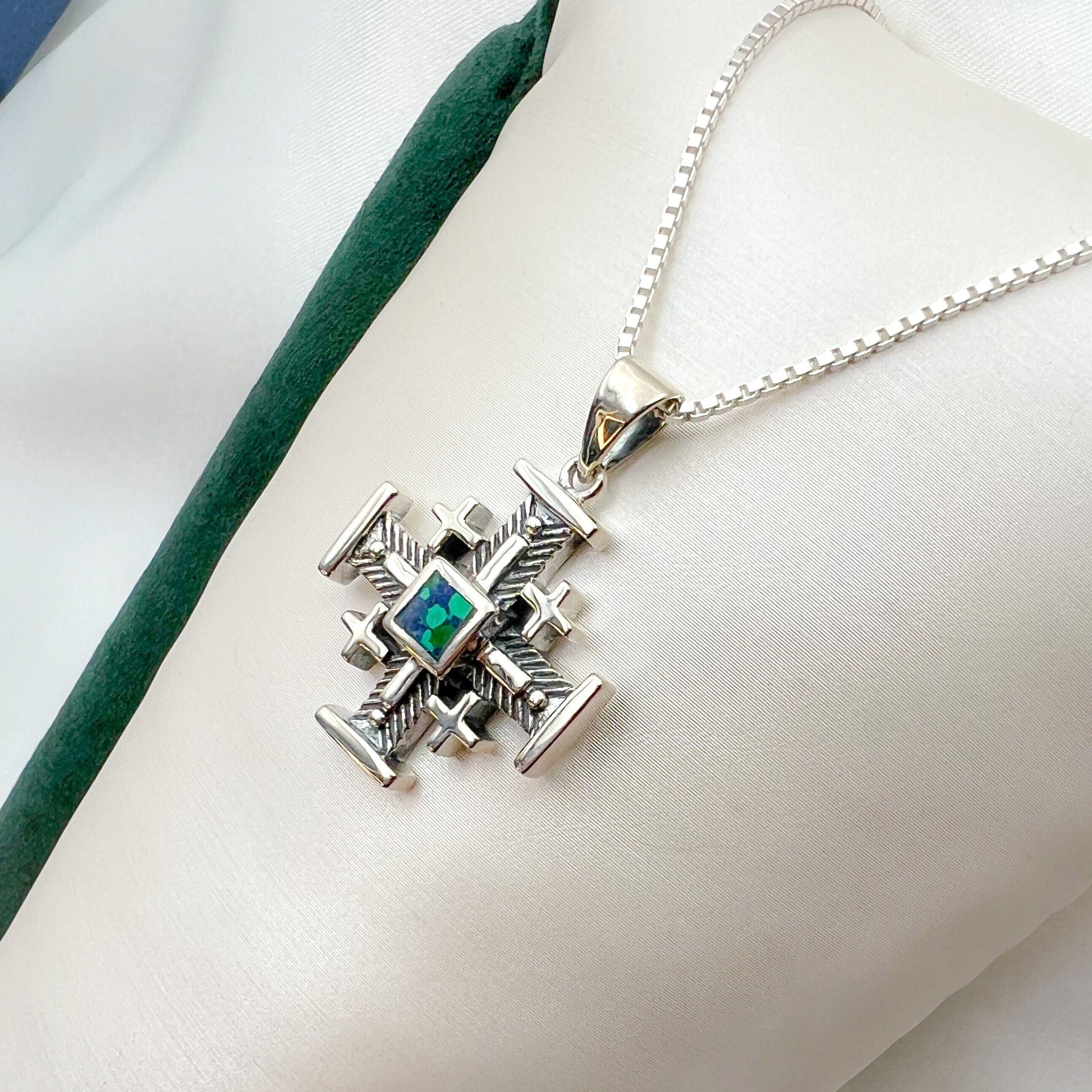 Bold King Solomon Eilat Stone Jerusalem Cross Pendant with Matching Chain