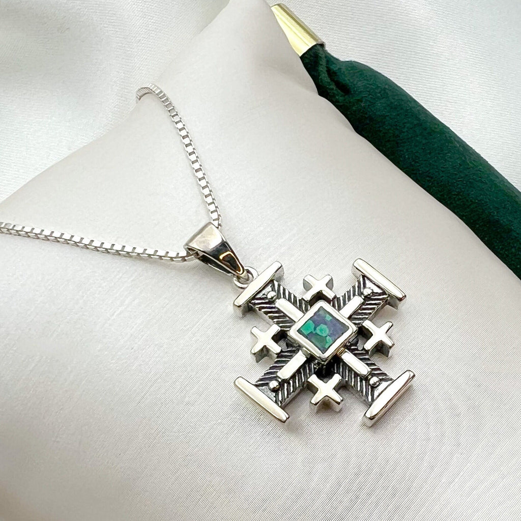 Bold King Solomon Eilat Stone Jerusalem Cross Pendant with Matching Chain