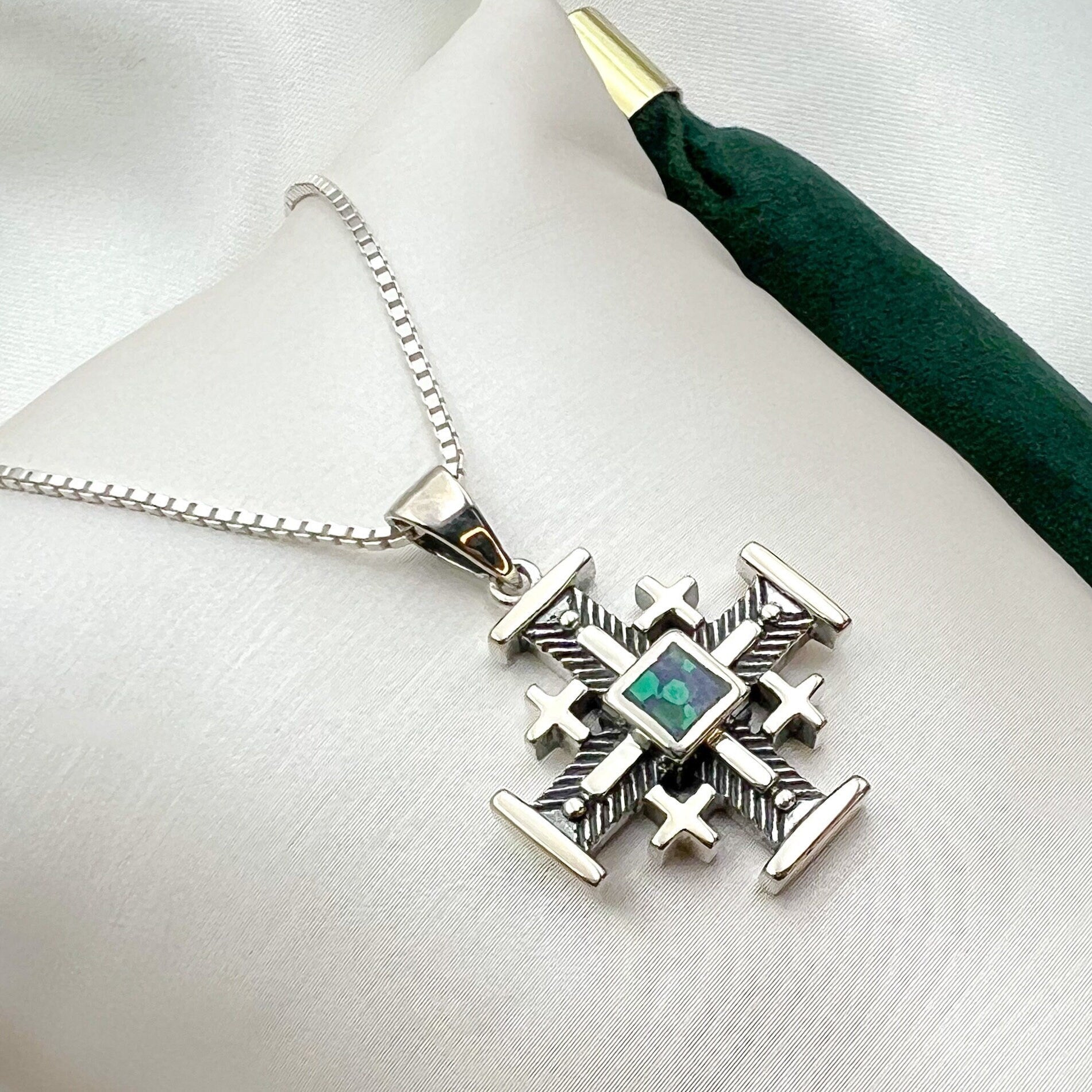 Bold King Solomon Eilat Stone Jerusalem Cross Pendant with Matching Chain