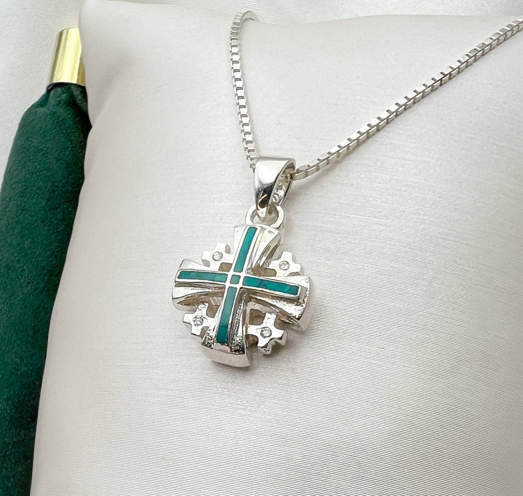 Sterling Silver King Solomon Eilat Stone Jerusalem Cross with Matching Chain
