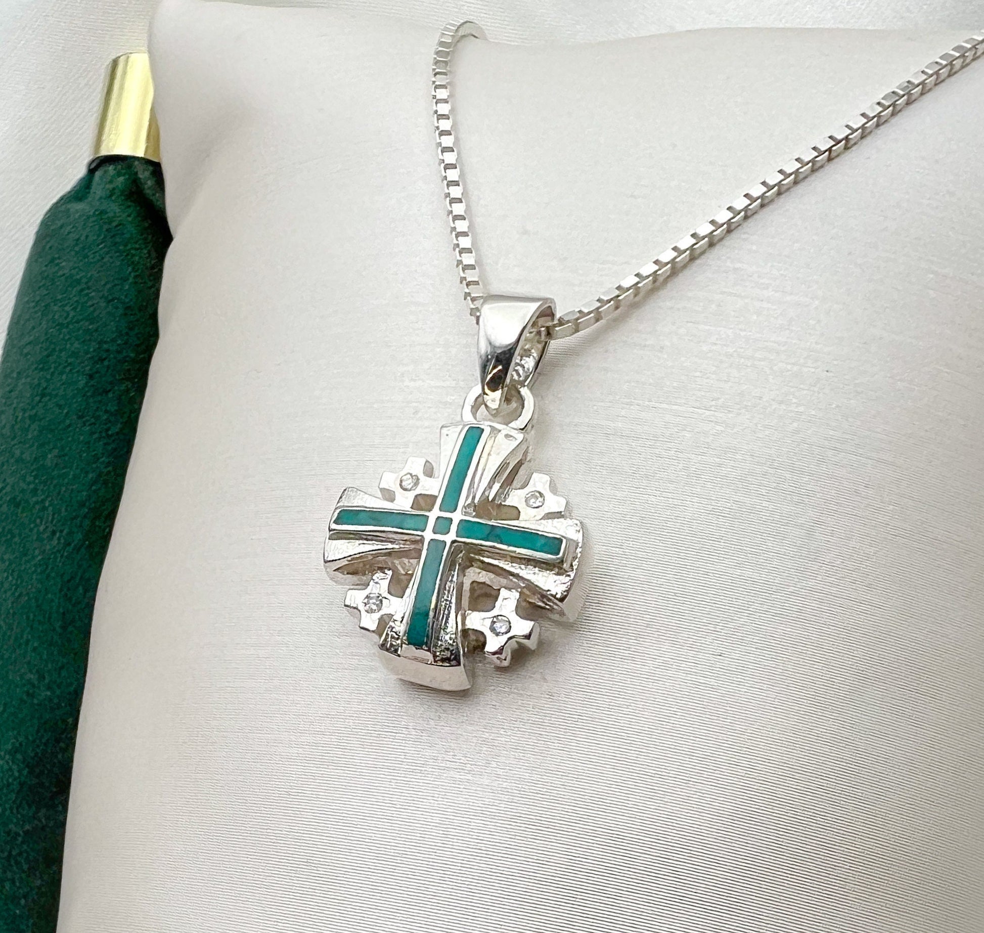 Sterling Silver King Solomon Eilat Stone Jerusalem Cross with Matching Chain