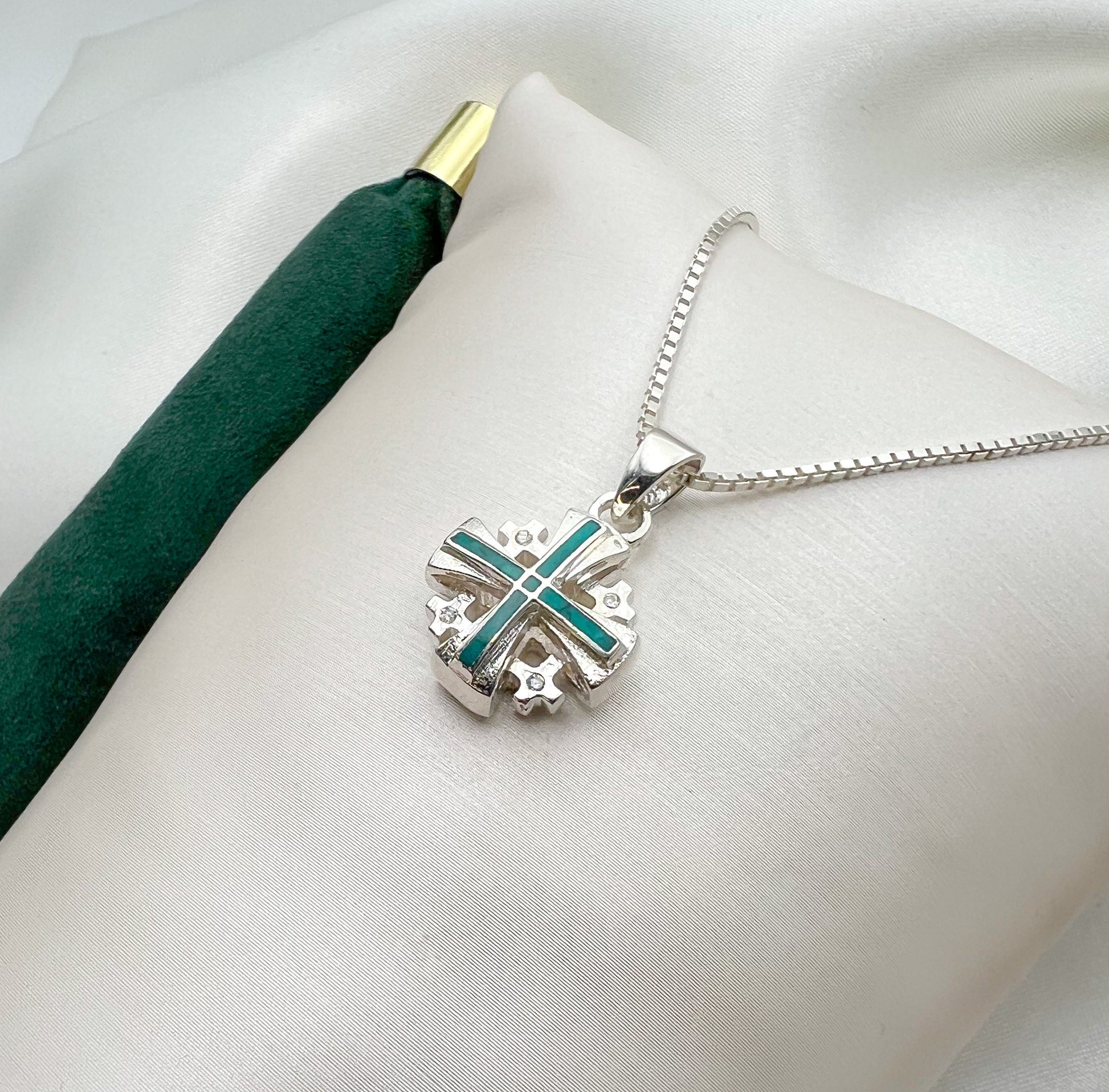 Sterling Silver King Solomon Eilat Stone Jerusalem Cross with Matching Chain