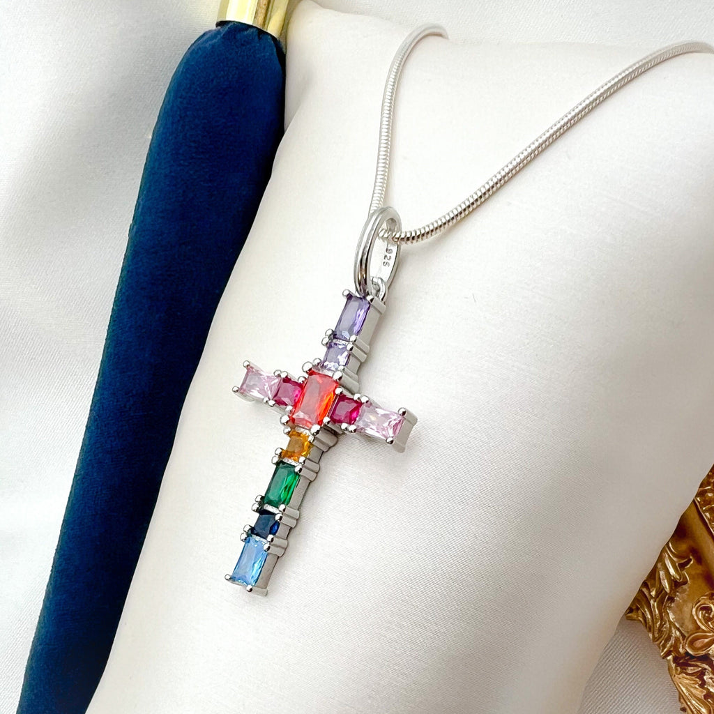 Radiant Cross Pendant with Colorful Gemstones in Sterling Silver