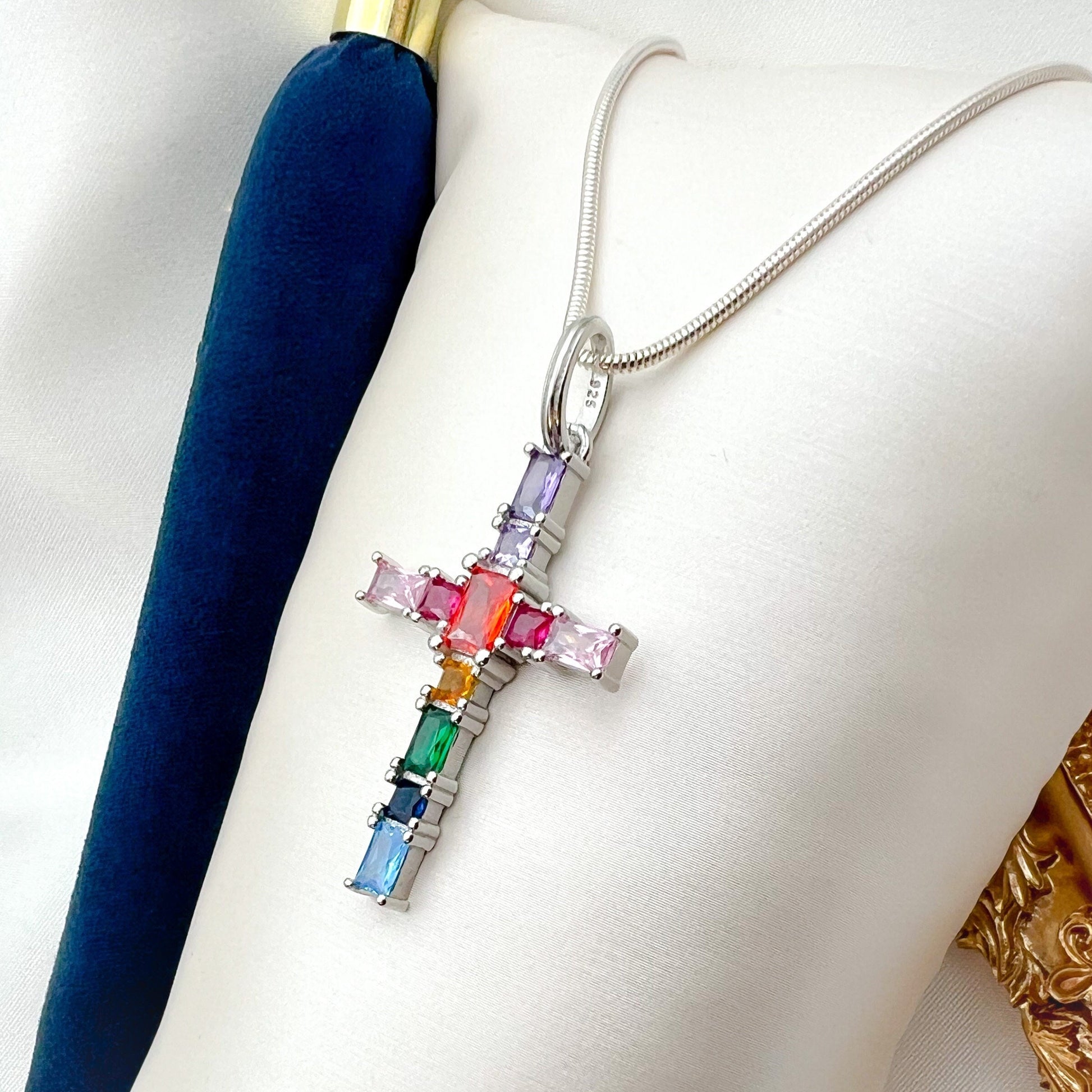 Radiant Cross Pendant with Colorful Gemstones in Sterling Silver