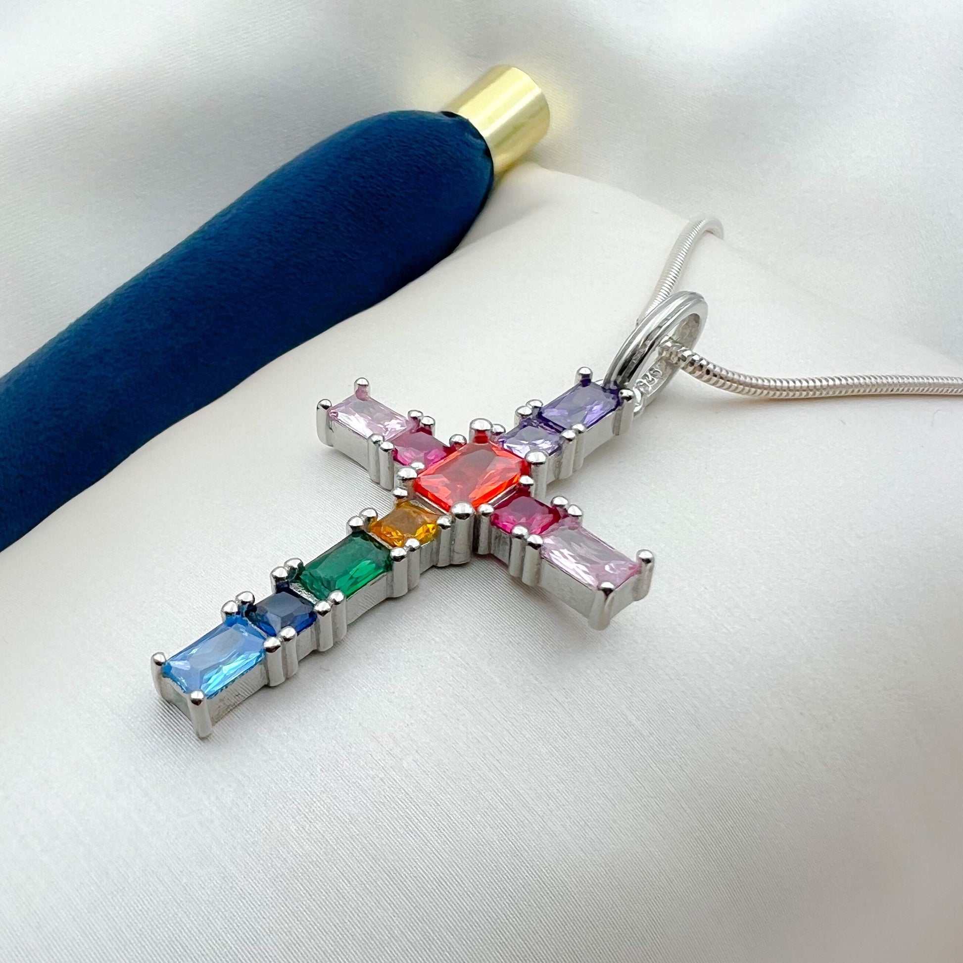 Radiant Cross Pendant with Colorful Gemstones in Sterling Silver