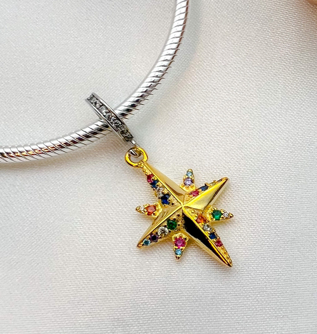 Shimmering Starlight Charm in 925 Silver and Gold-Plated with Colorful Stones for Pandora Bracelets