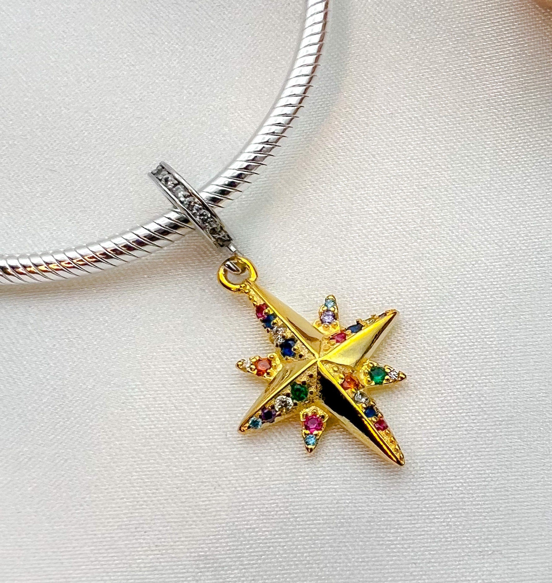 Shimmering Starlight Charm in 925 Silver and Gold-Plated with Colorful Stones for Pandora Bracelets