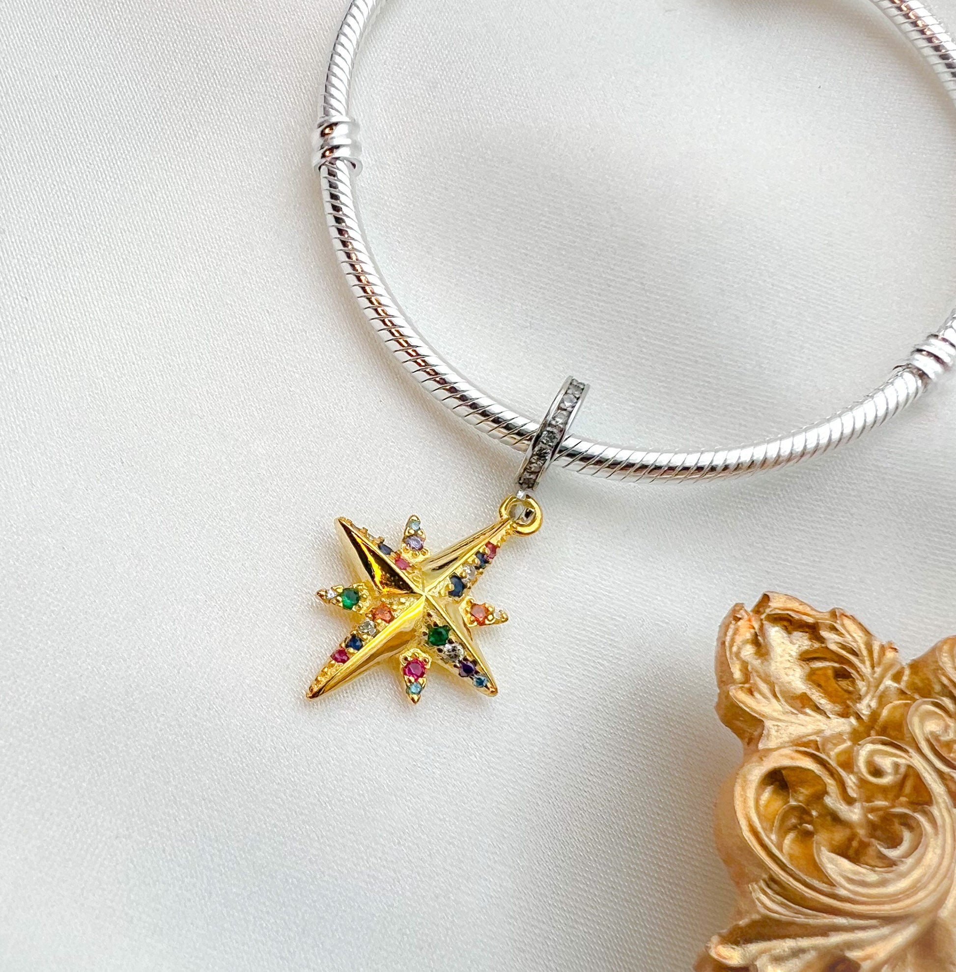 Shimmering Starlight Charm in 925 Silver and Gold-Plated with Colorful Stones for Pandora Bracelets
