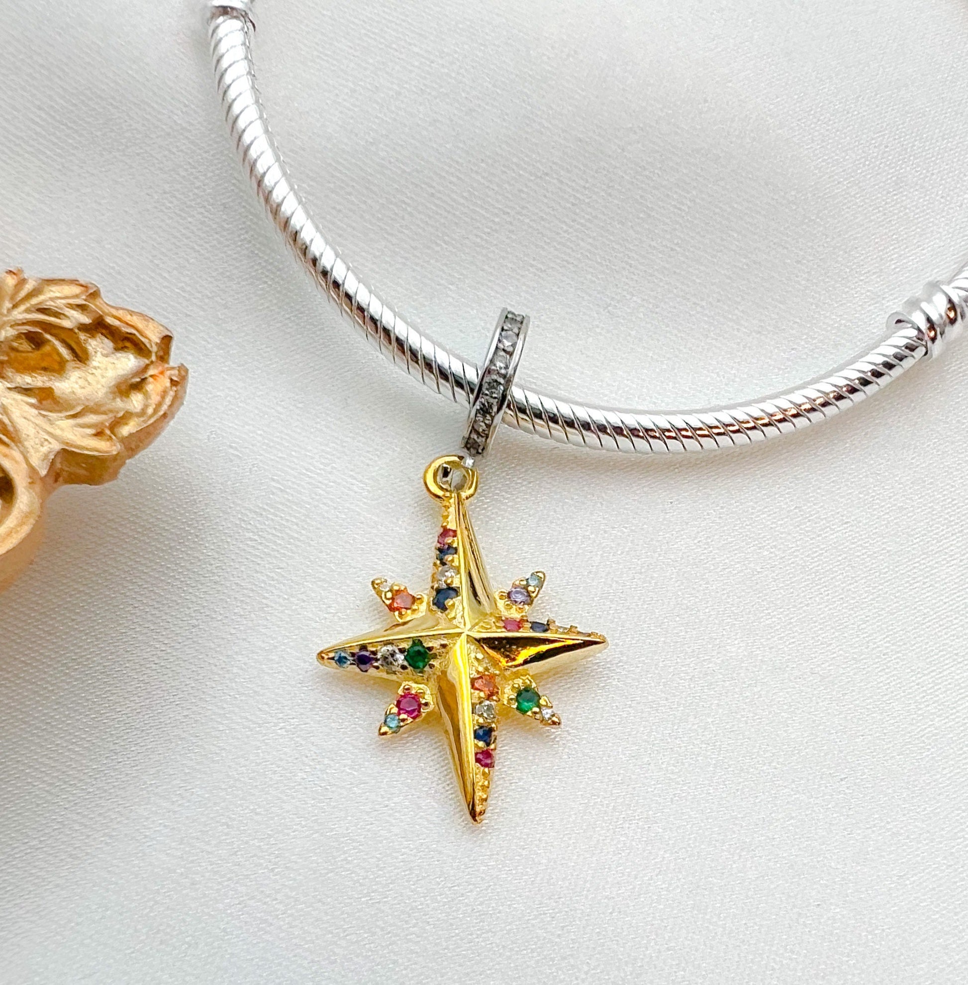 Shimmering Starlight Charm in 925 Silver and Gold-Plated with Colorful Stones for Pandora Bracelets