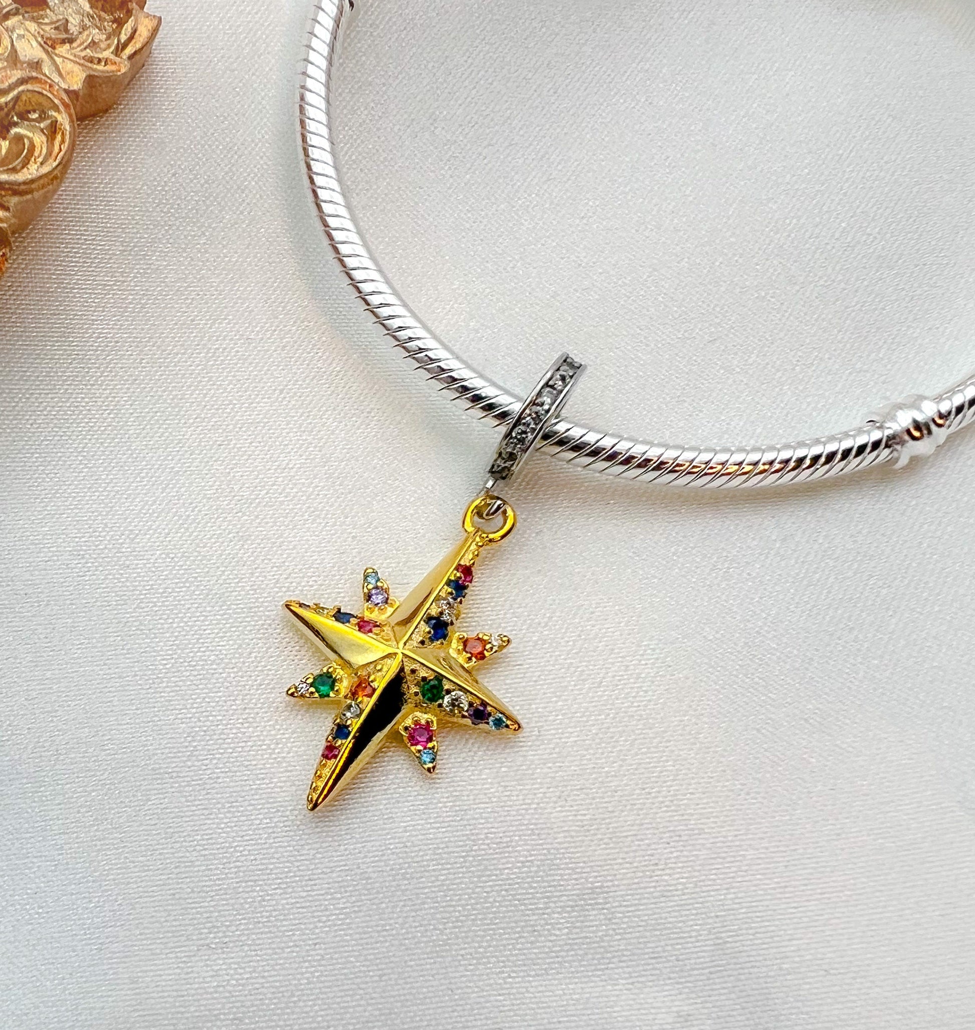 Shimmering Starlight Charm in 925 Silver and Gold-Plated with Colorful Stones for Pandora Bracelets