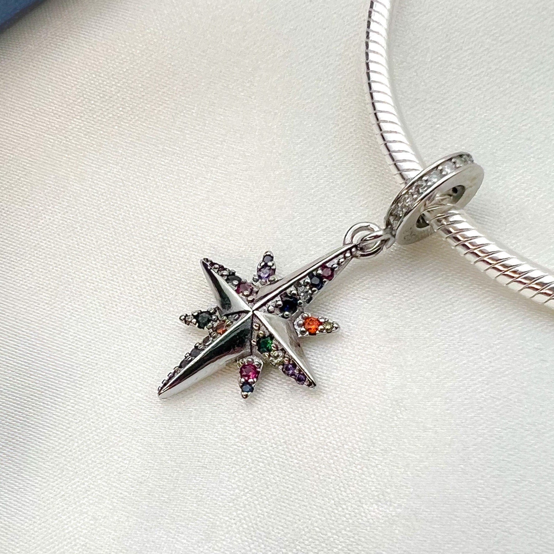 Radiant Silver Starlight Charm with Colorful Stones - Perfect for Pandora Bracelets