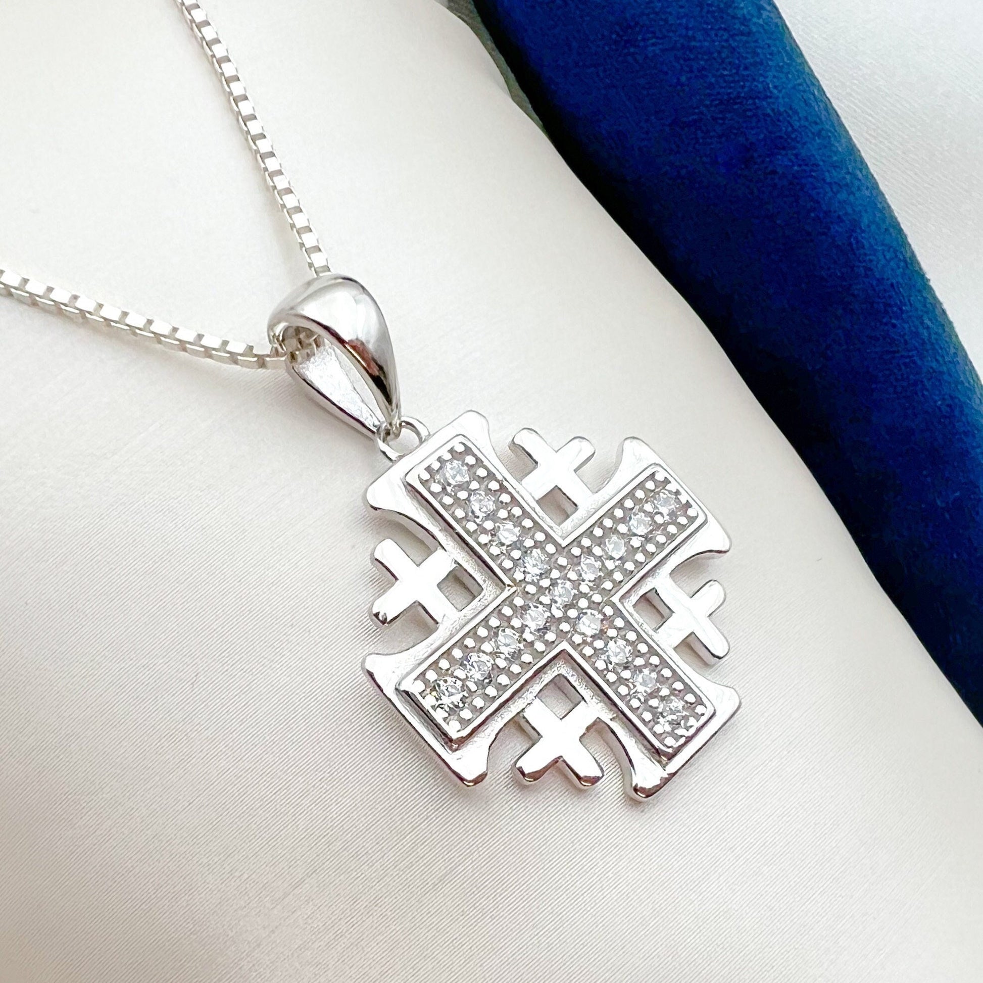 Elegant Jerusalem Cross Necklace in 925 Silver – Adorned with White Zircons