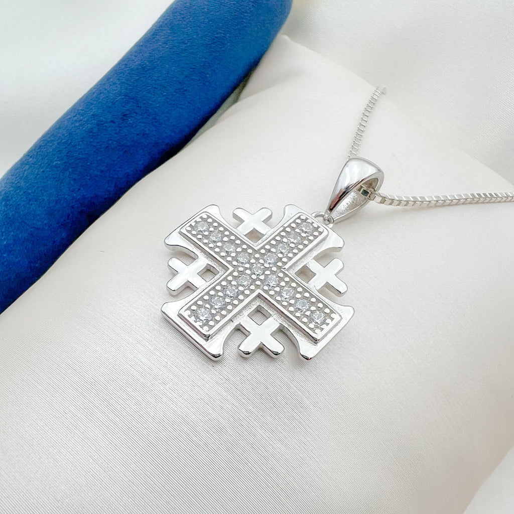 Elegant Jerusalem Cross Necklace in 925 Silver – Adorned with White Zircons