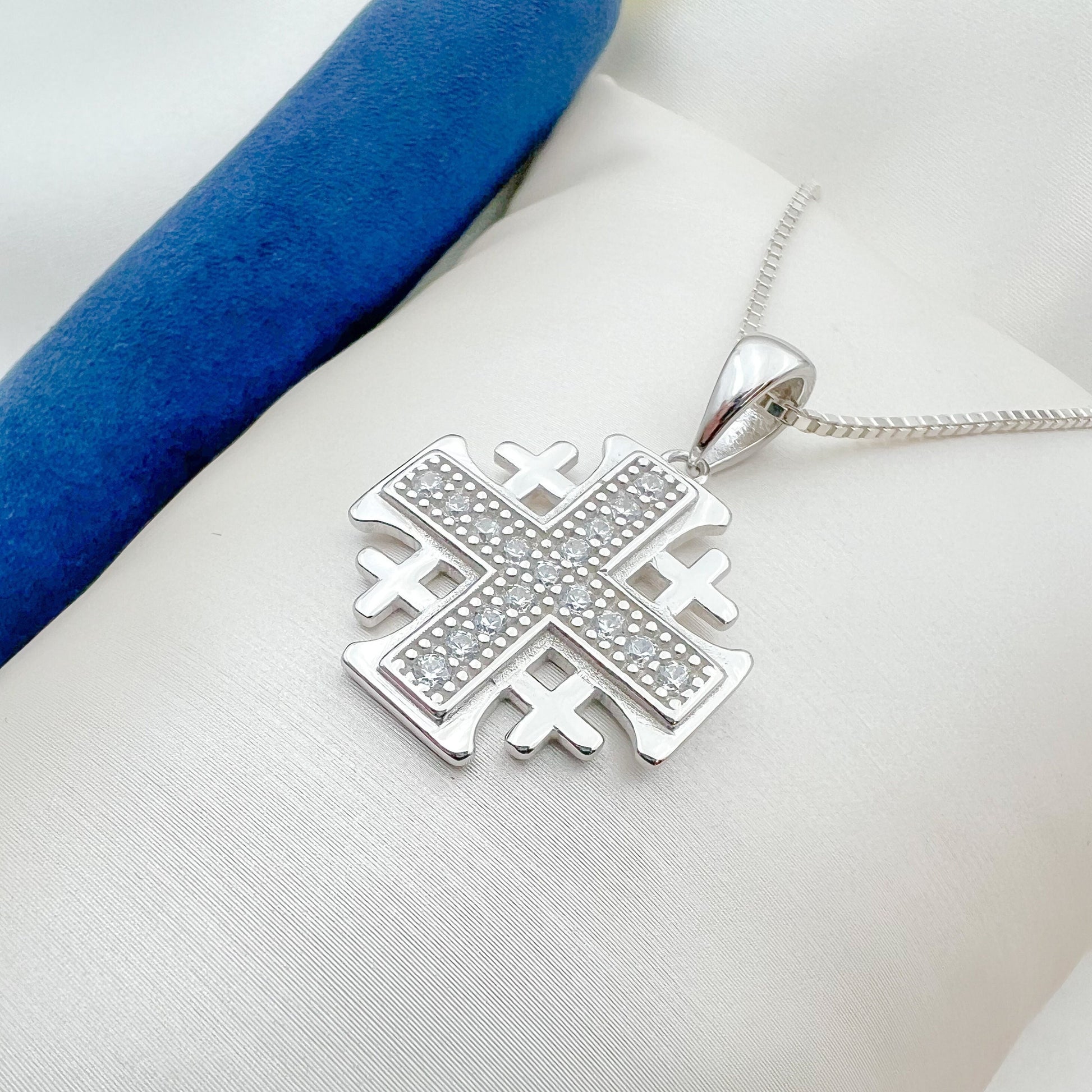 Elegant Jerusalem Cross Necklace in 925 Silver – Adorned with White Zircons