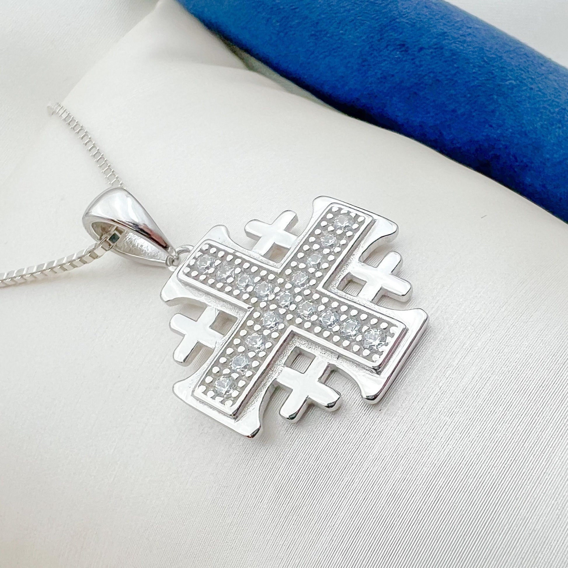 Elegant Jerusalem Cross Necklace in 925 Silver – Adorned with White Zircons