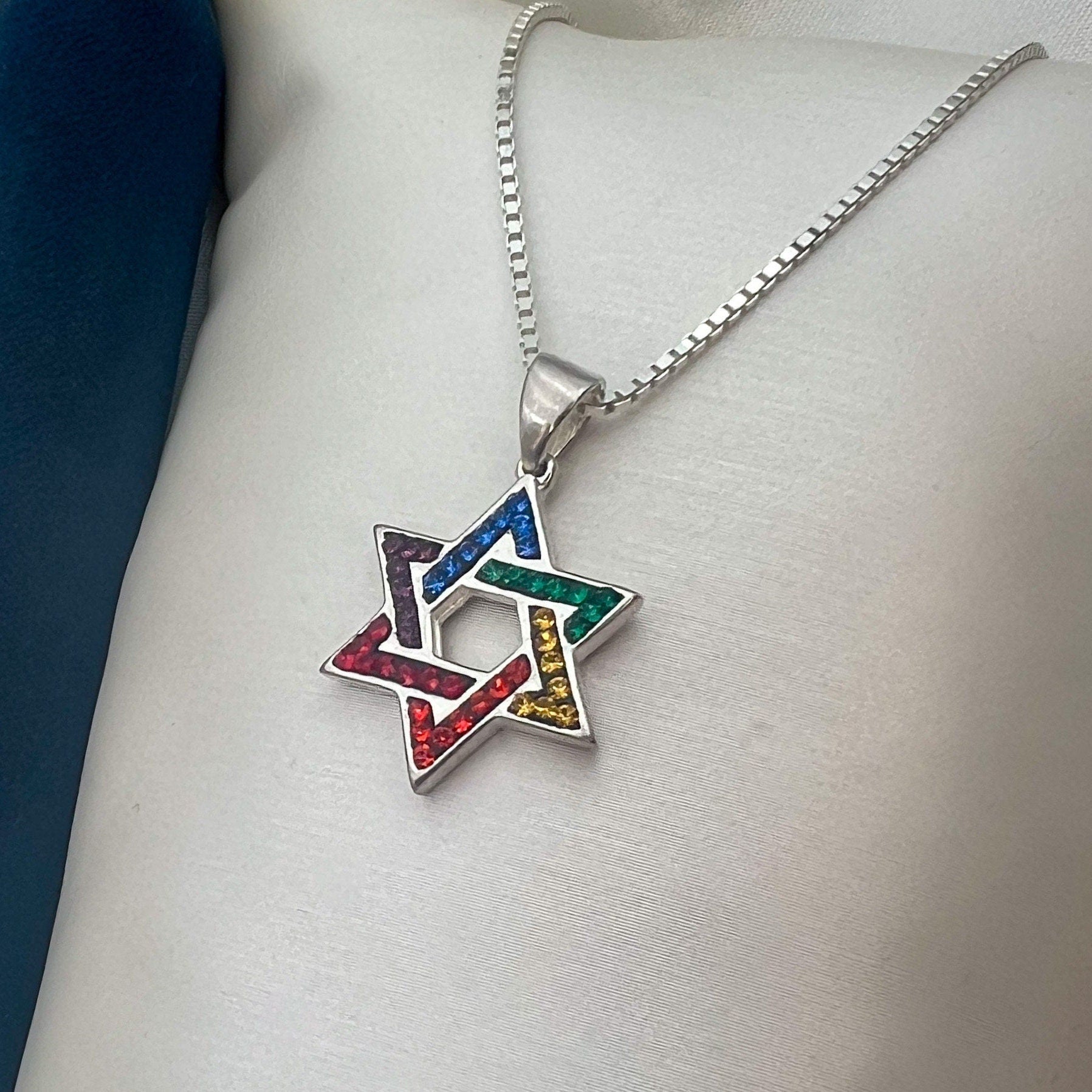 Sparkling David Star Pendant in Silver 925 with Colorful Stones and Box Chain