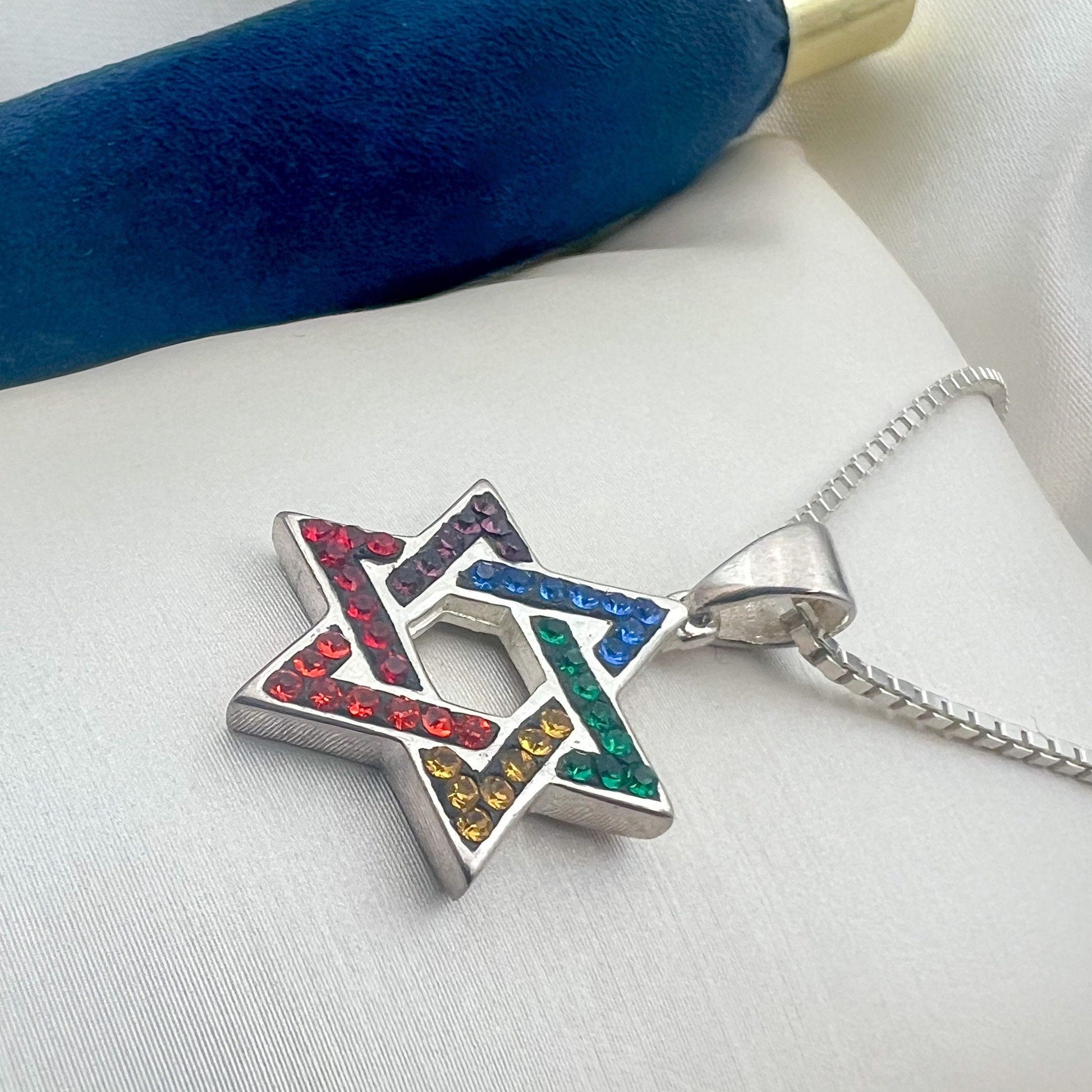 Sparkling David Star Pendant in Silver 925 with Colorful Stones and Box Chain