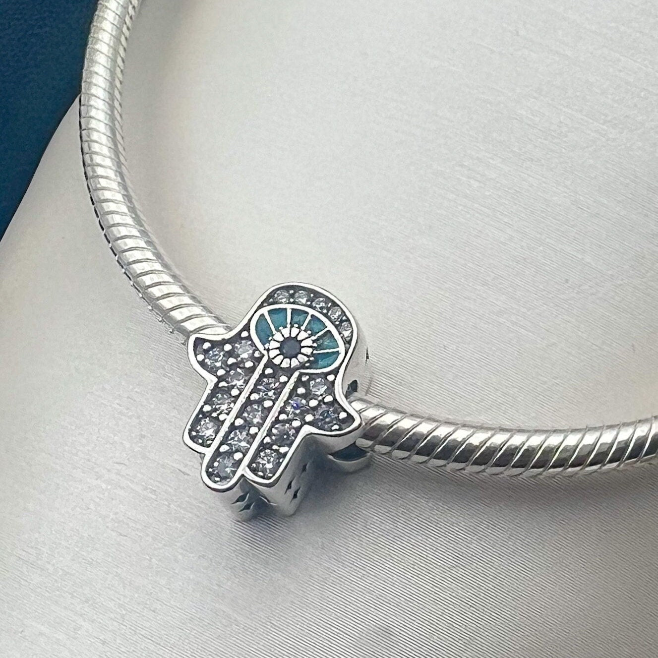 Hamsa Charm in Silver 925 with Blue Sapphire, Zircons and Turquoise - Perfect for Pandora Bracelets