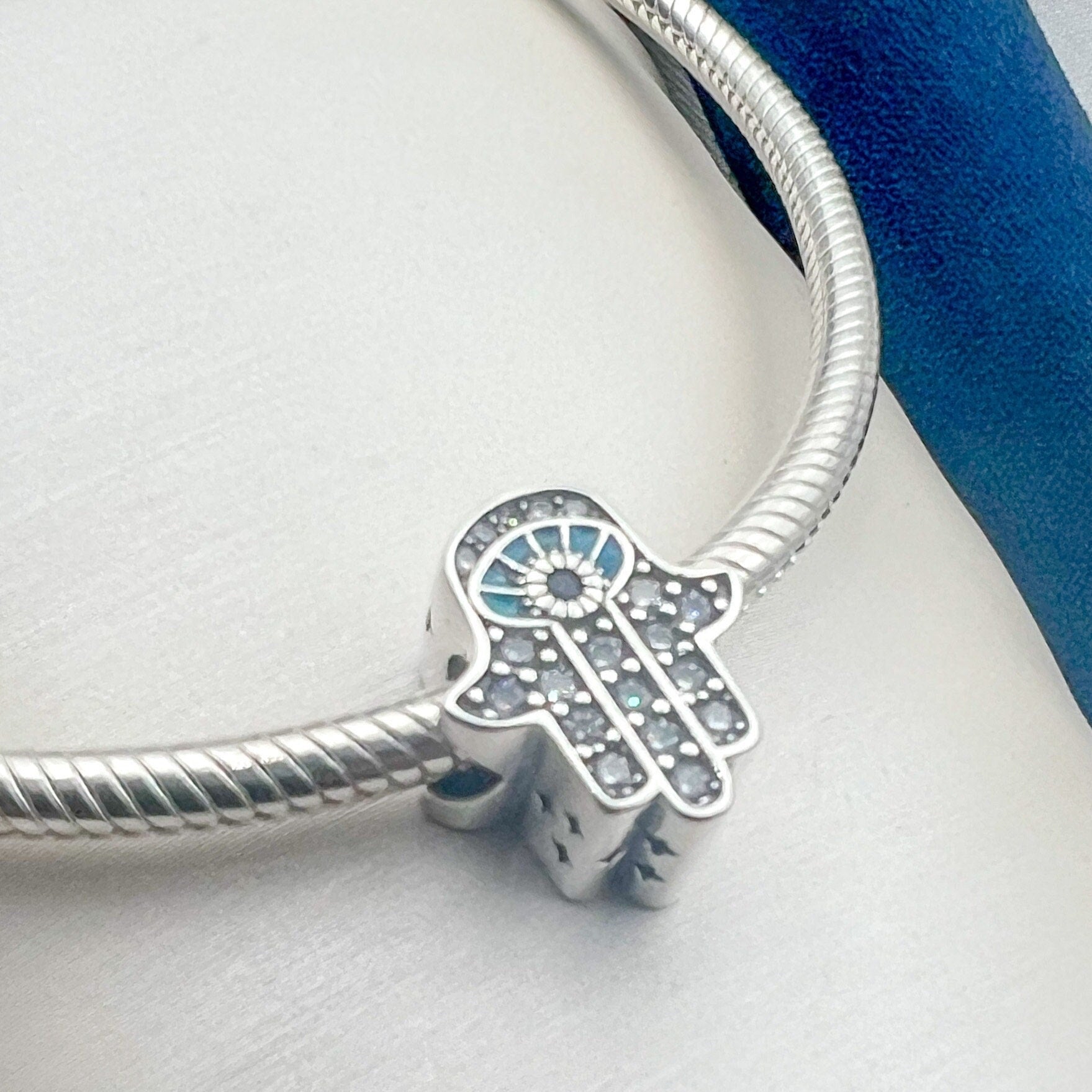 Hamsa Charm in Silver 925 with Blue Sapphire, Zircons and Turquoise - Perfect for Pandora Bracelets