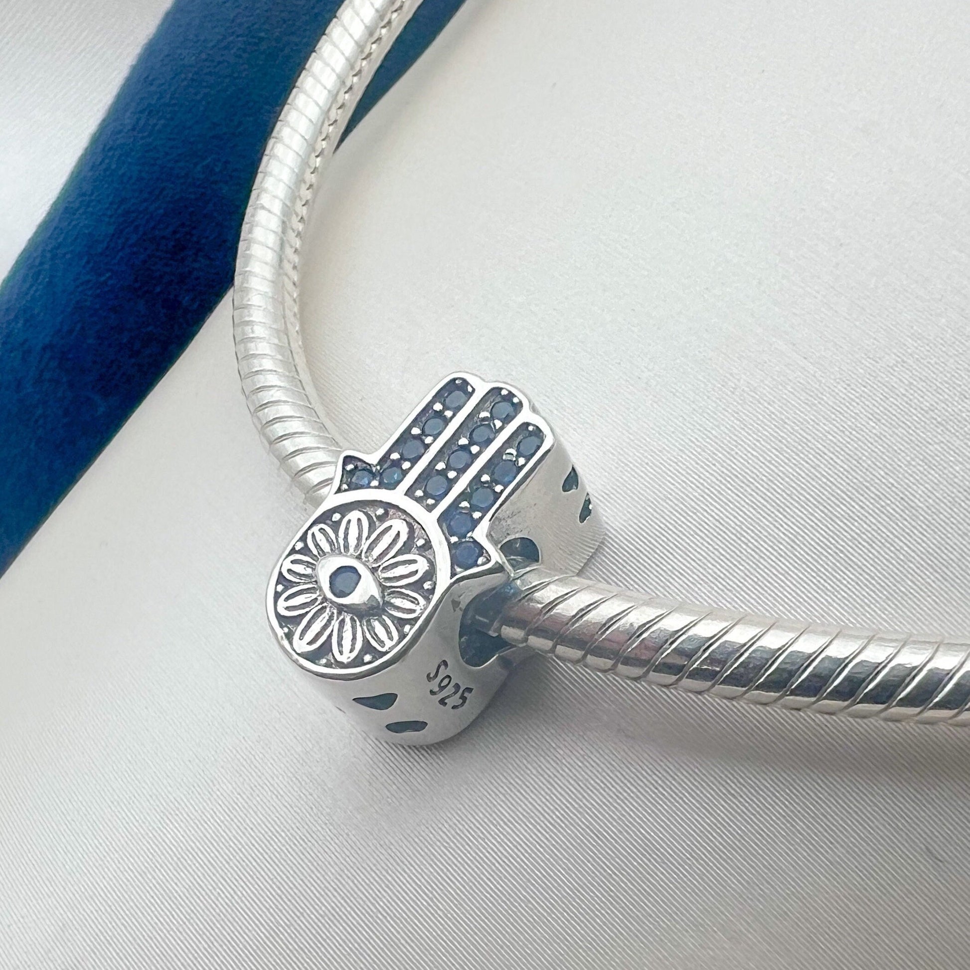 Hamsa Charm in Silver 925 with Zircons and Sapphire Detail for Pandora Bracelet
