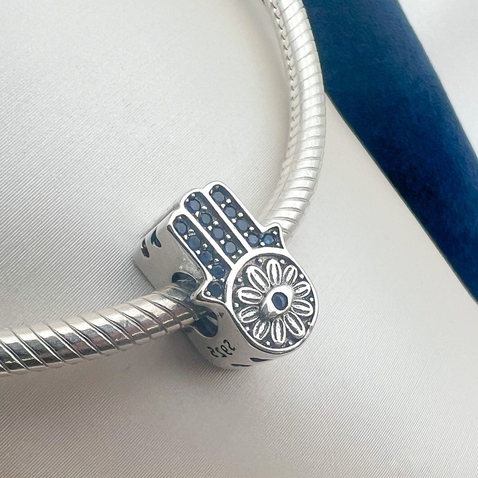 Hamsa Charm in Silver 925 with Zircons and Sapphire Detail for Pandora Bracelet
