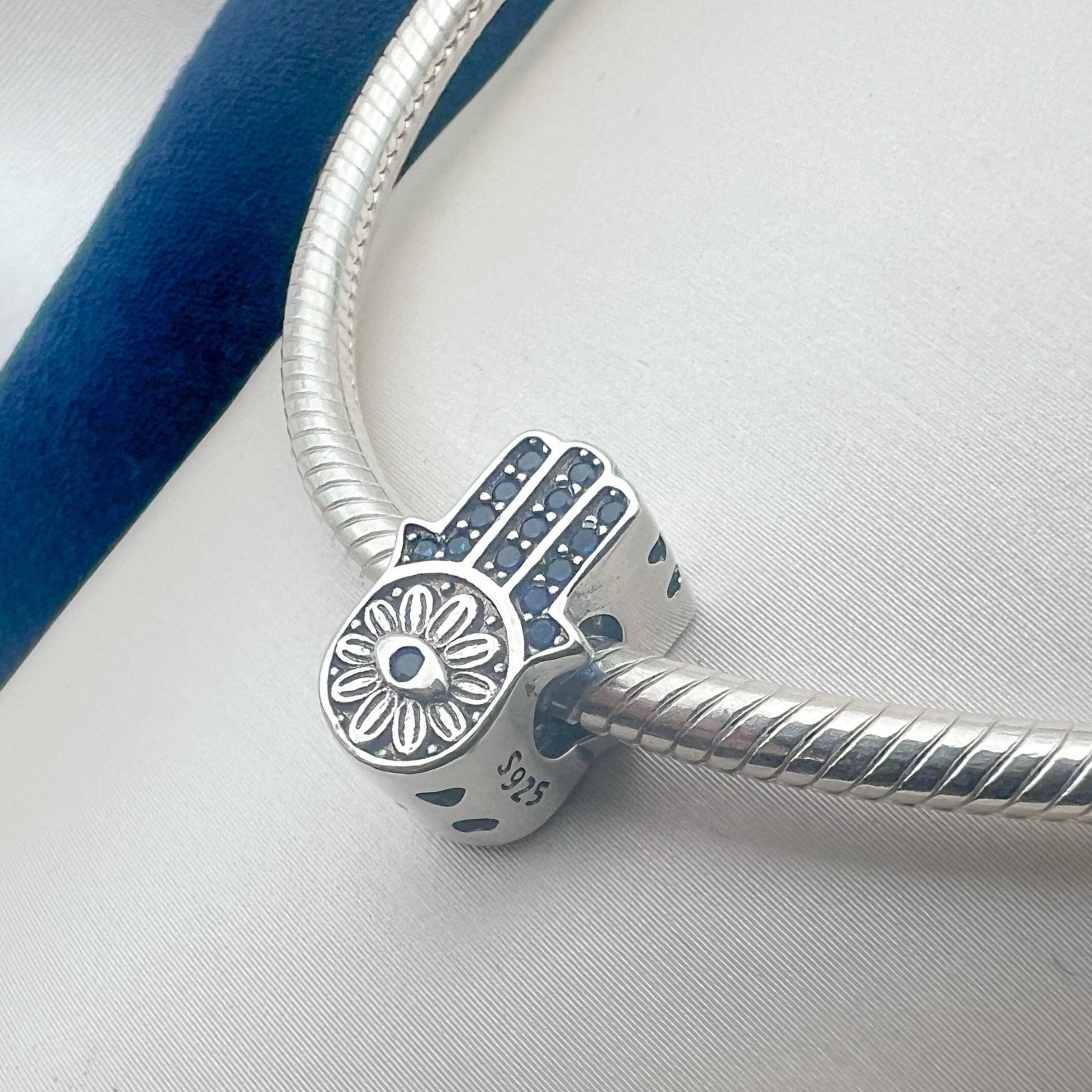 Hamsa Charm in Silver 925 with Zircons and Sapphire Detail for Pandora Bracelet