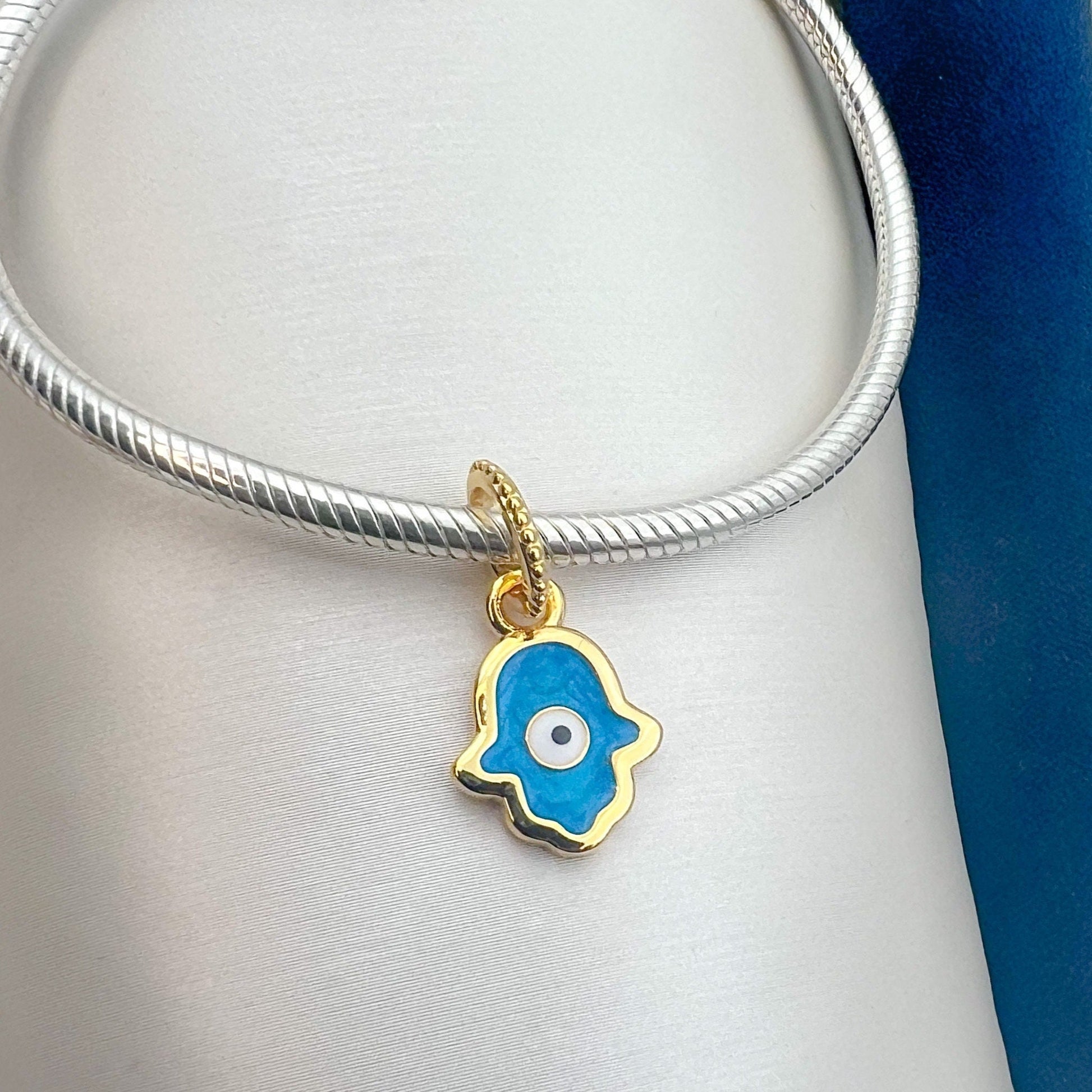 Hamsa Charm in Silver 925 with Golden and Turquoise Detail for Pandora Bracelet
