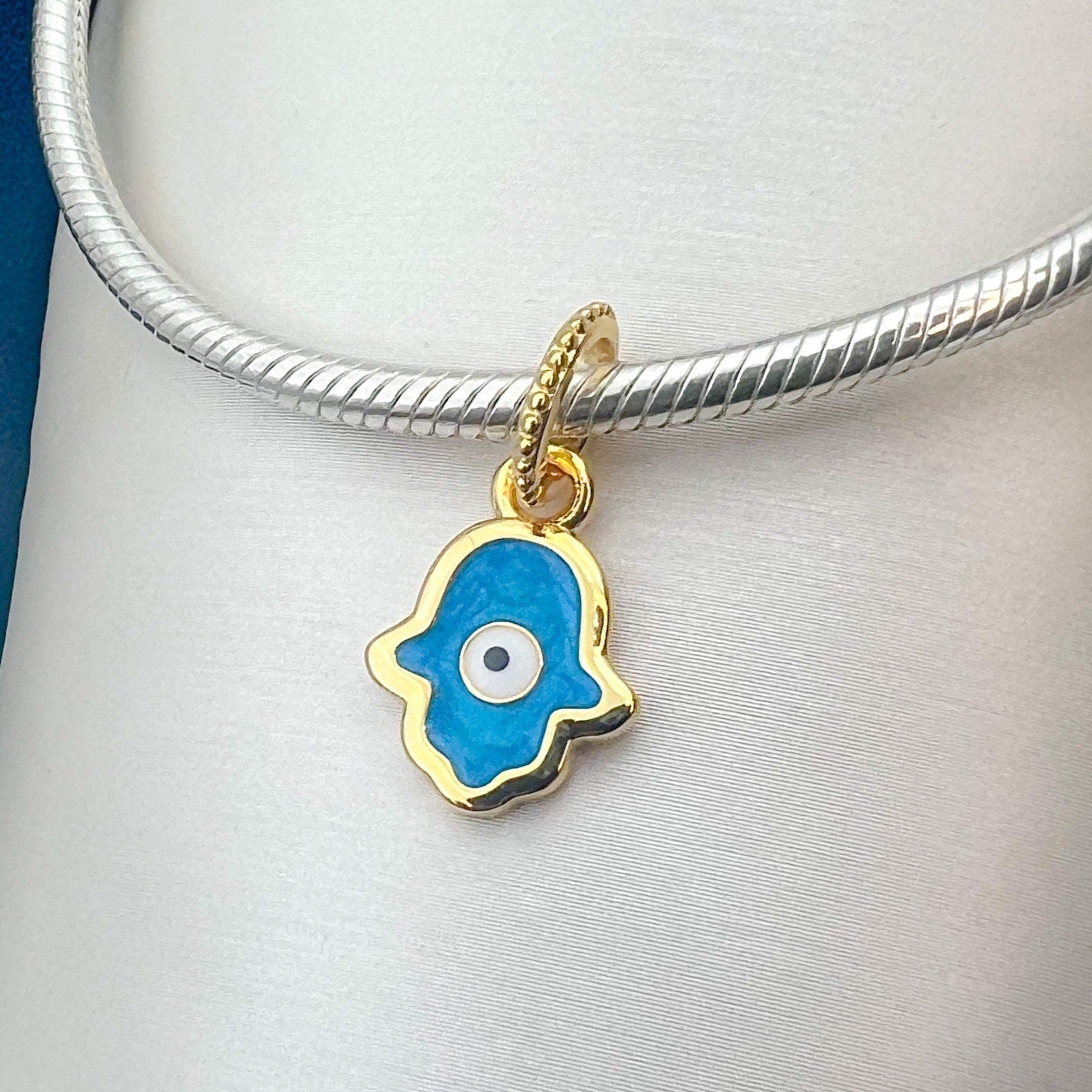 Hamsa Charm in Silver 925 with Golden and Turquoise Detail for Pandora Bracelet