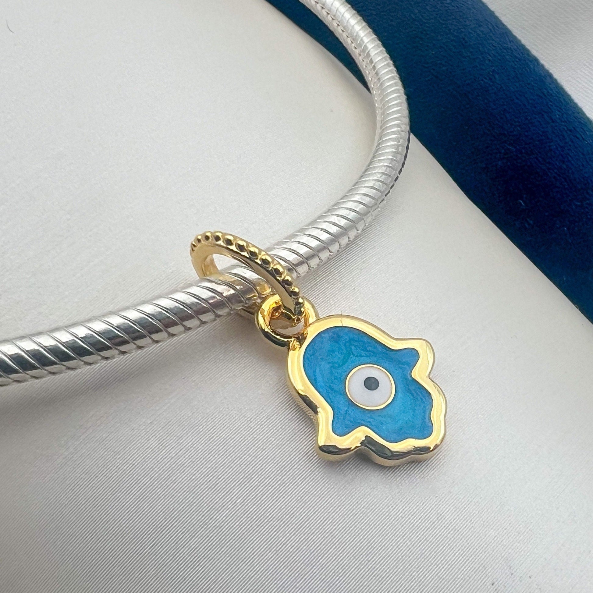 Hamsa Charm in Silver 925 with Golden and Turquoise Detail for Pandora Bracelet
