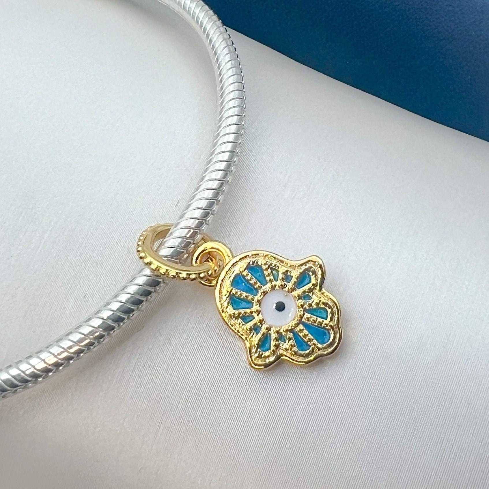 Hamsa Charm in Silver 925 with Golden and Turquoise Detail for Pandora Bracelet