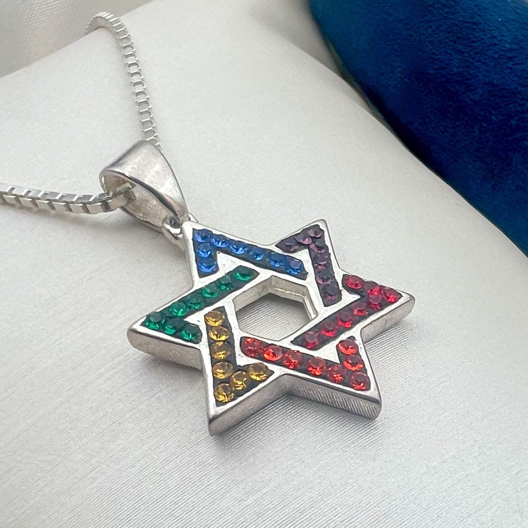 Sparkling David Star Pendant in Silver 925 with Colorful Stones and Box Chain