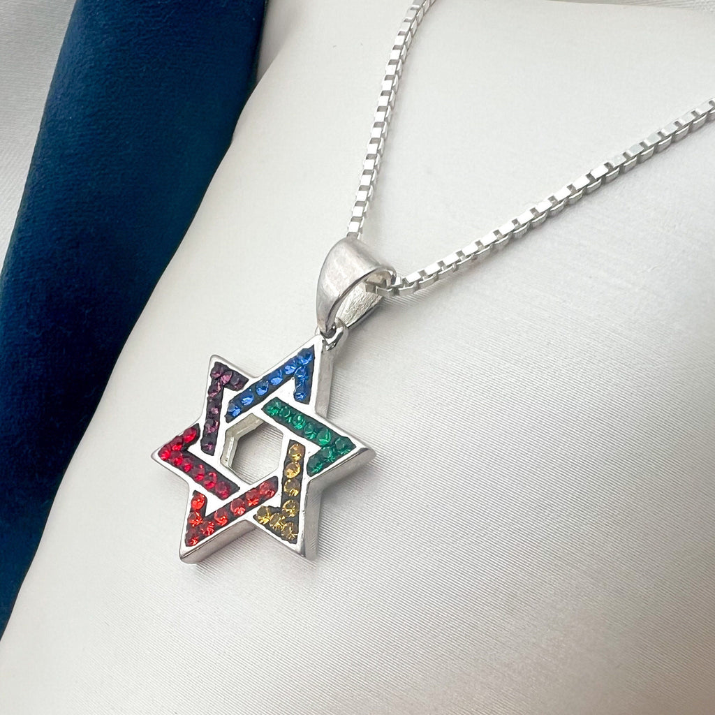 Sparkling David Star Pendant in Silver 925 with Colorful Stones and Box Chain