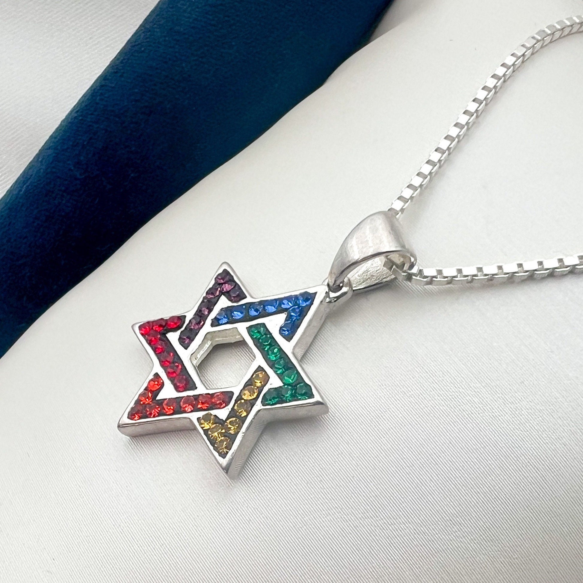Sparkling David Star Pendant in Silver 925 with Colorful Stones and Box Chain