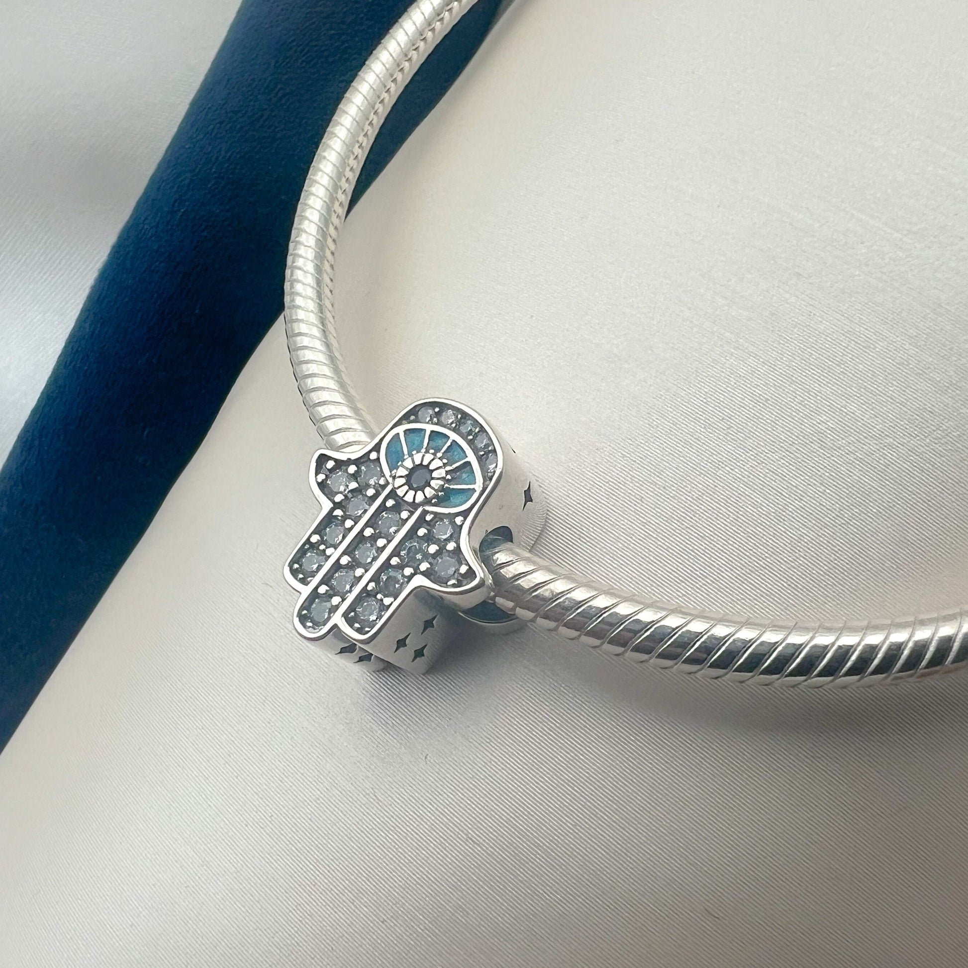Hamsa Charm in Silver 925 with Blue Sapphire, Zircons and Turquoise - Perfect for Pandora Bracelets